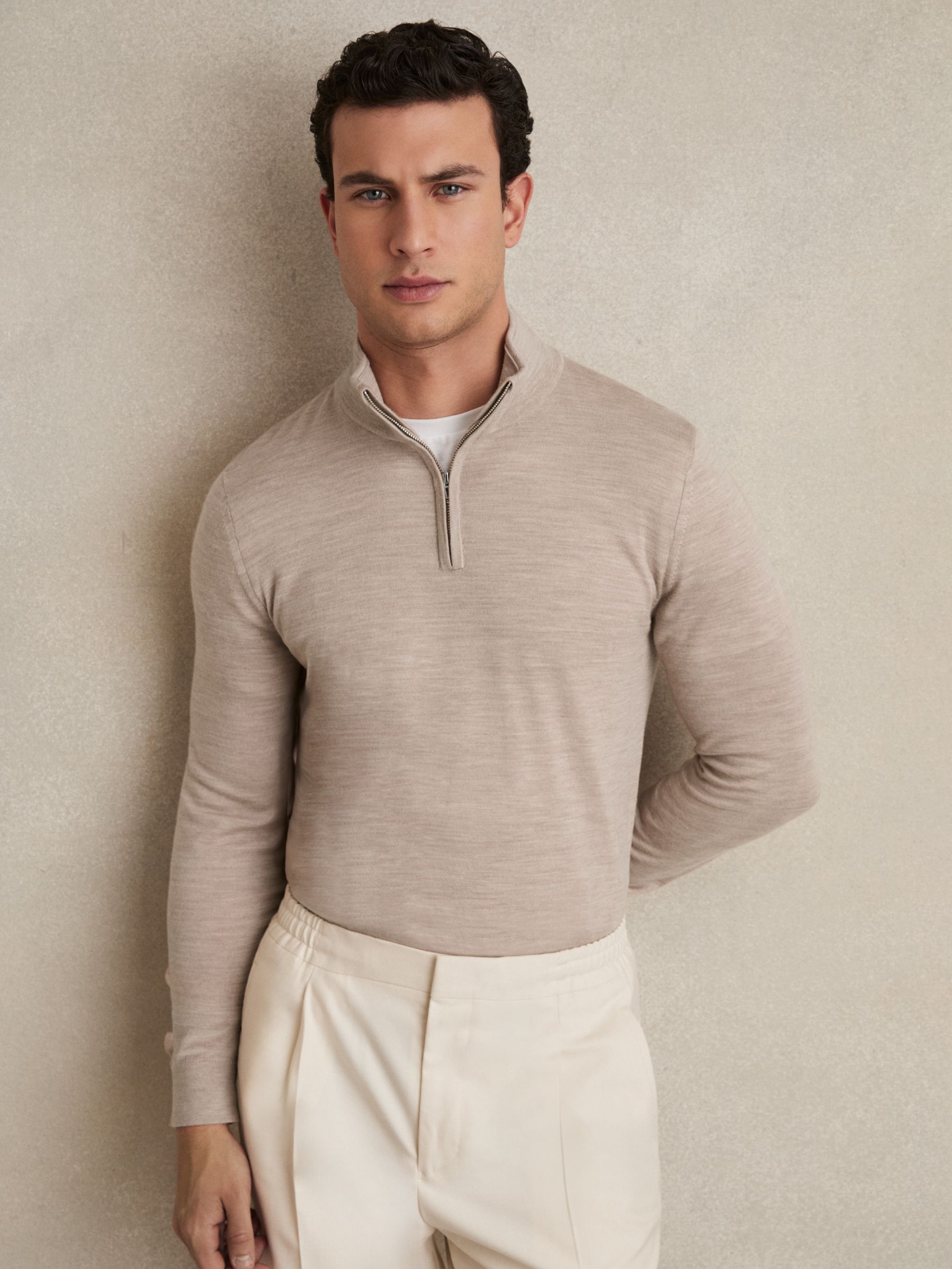 Merino Wool Half-Zip Funnel Neck Jumper in Wheat Melange