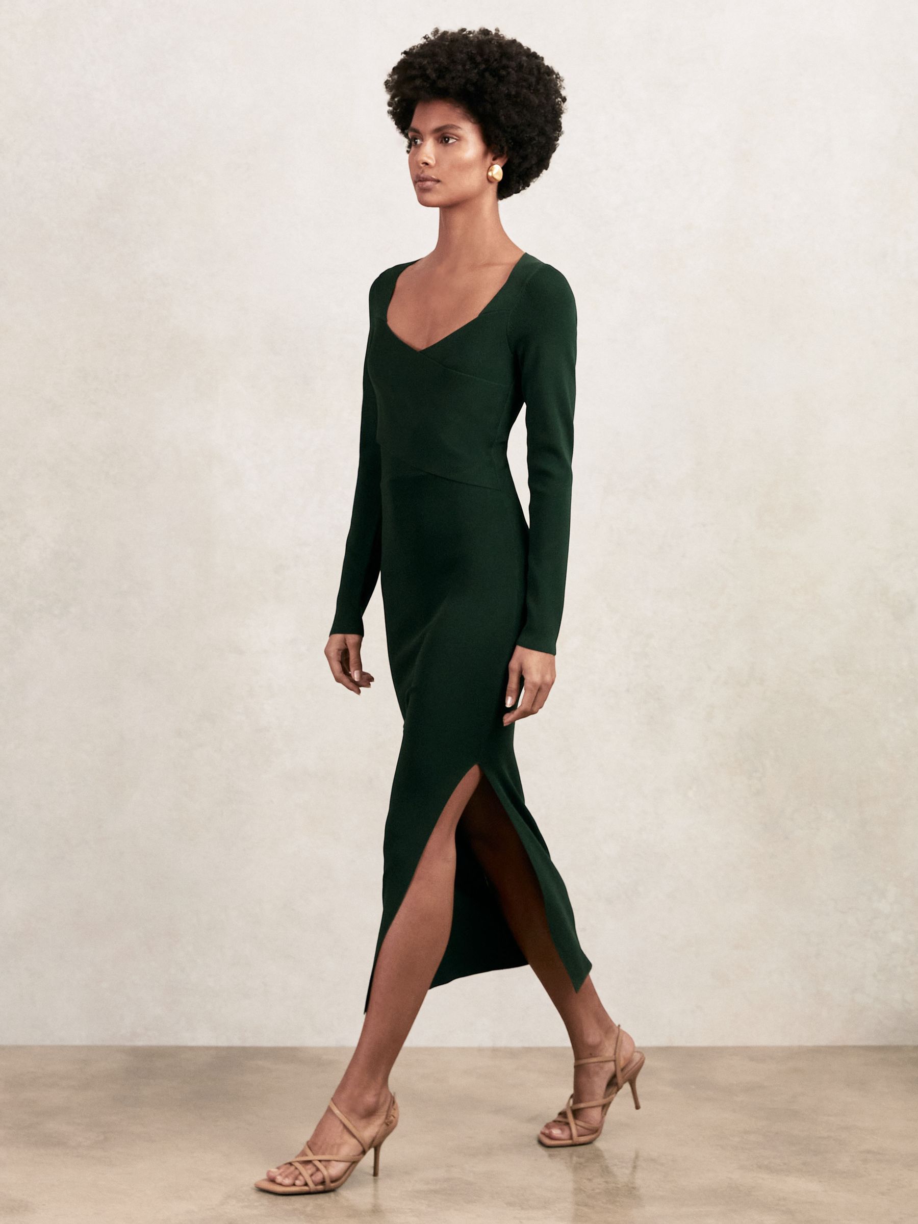 Knitted Wrap-Front Midi Dress in Green