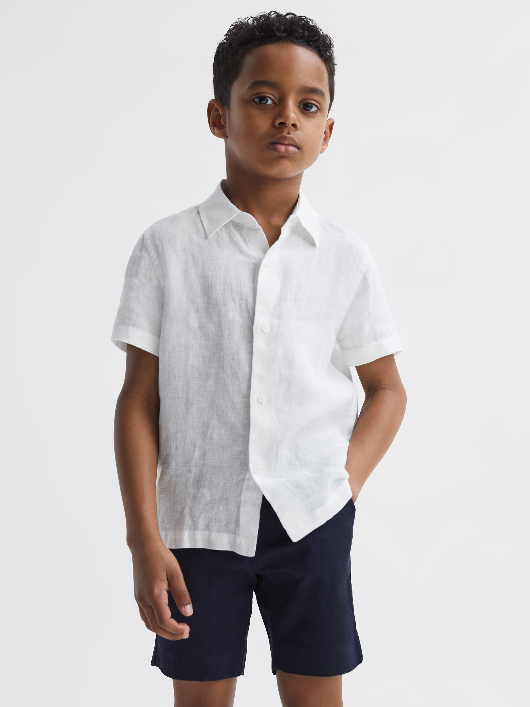 3-9 yrs Short Sleeve Linen Shirt in White