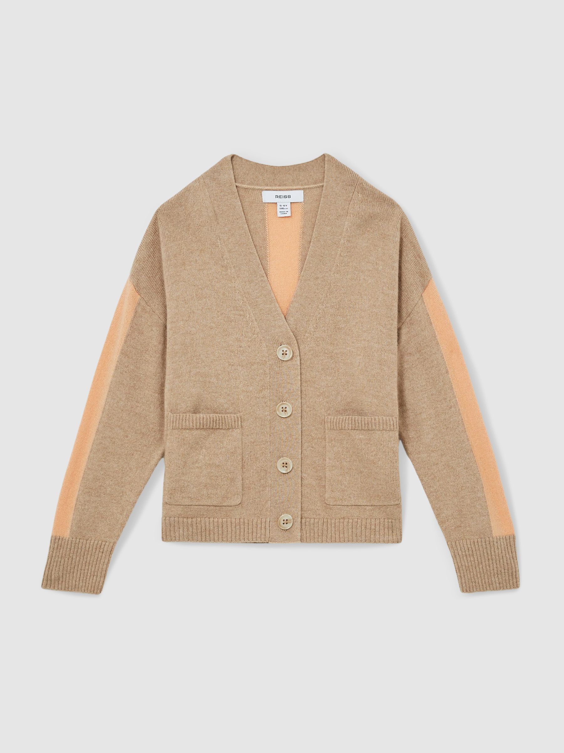 4-9 yrs Wool-Blend Stripe-Detail Cardigan With Cashmere in Camel
