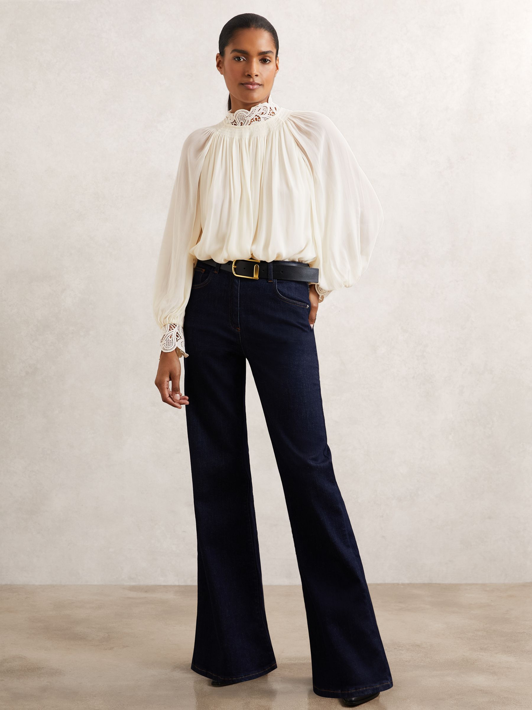 Lace-Trim Draped Chiffon Top in Cream