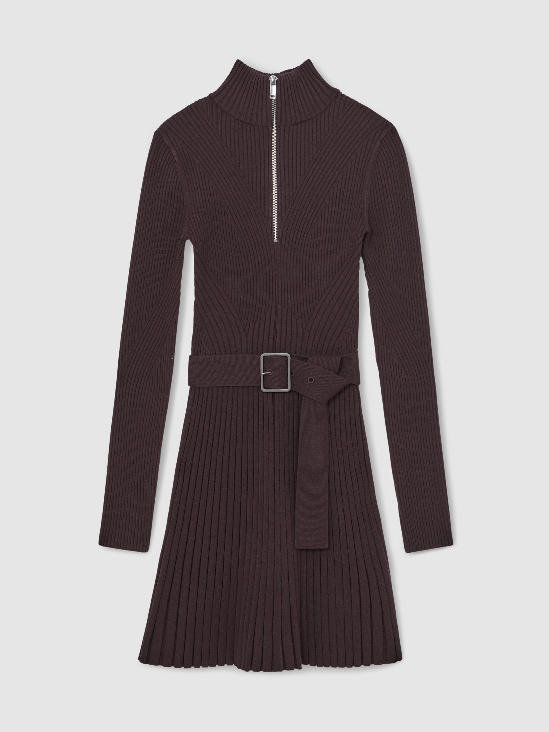 Rib-Knit Belted Half-Zip Flippy Dress in Plum Purple