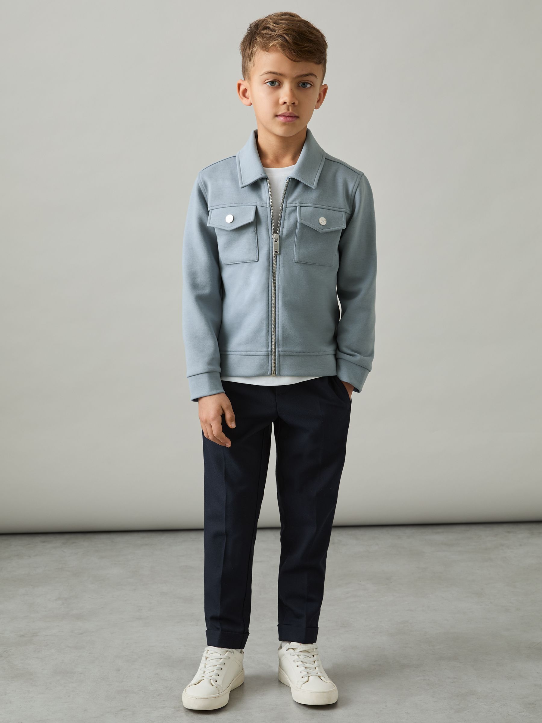 13-14 yrs Interlock Zip-Through Overshirt in Soft Denim Blue
