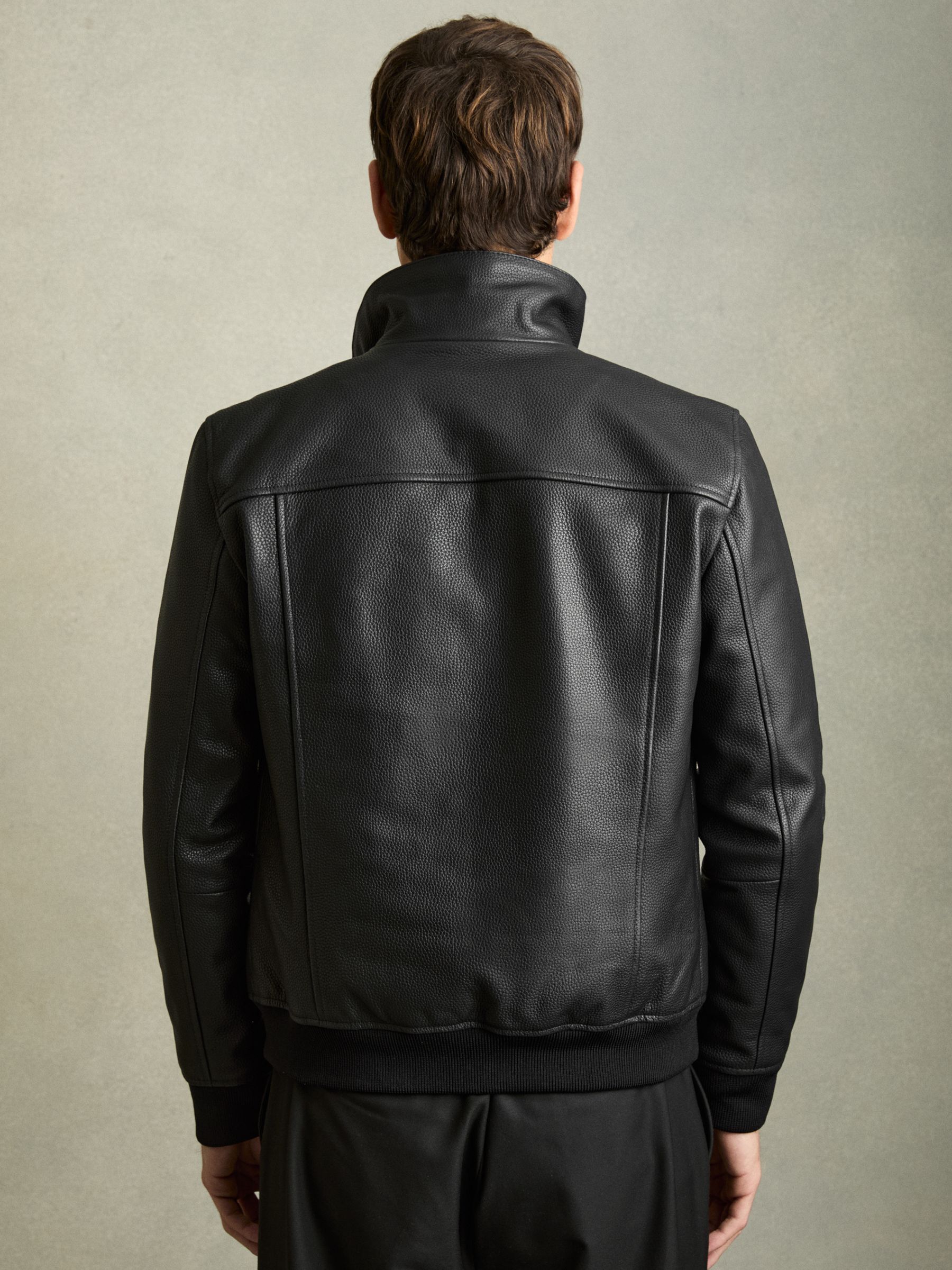Pebbled-Leather Funnel-Neck Jacket in Black