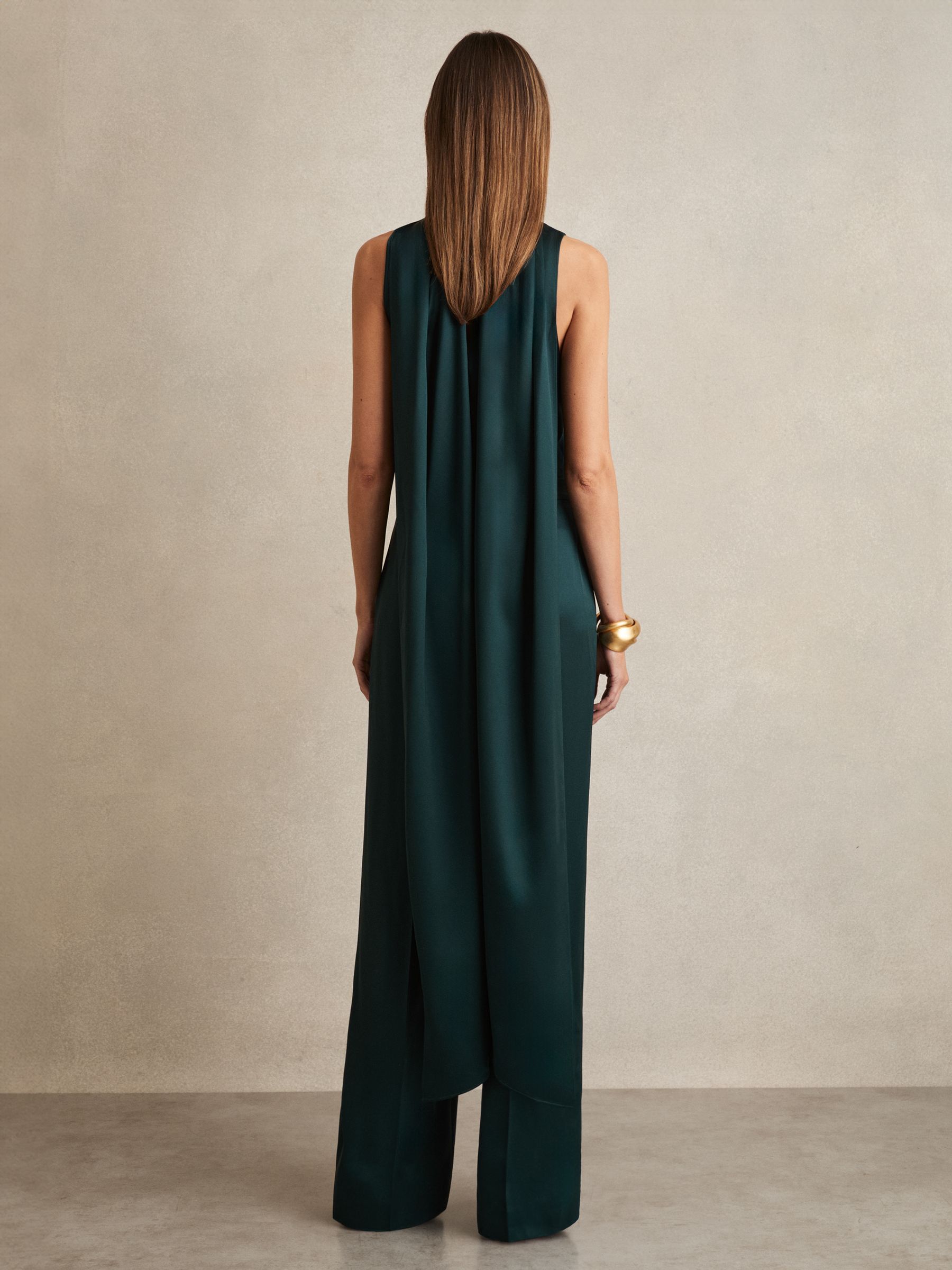 Satin Cape-Sash Jumpsuit in Teal Green