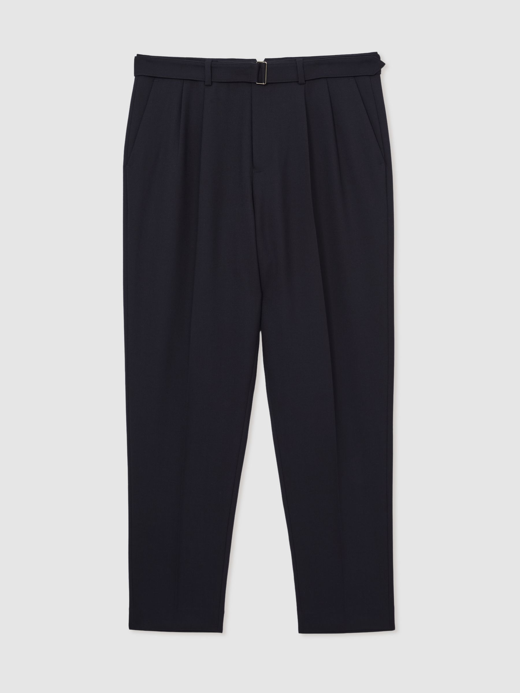 Wool-Blend Belted Trousers in Navy