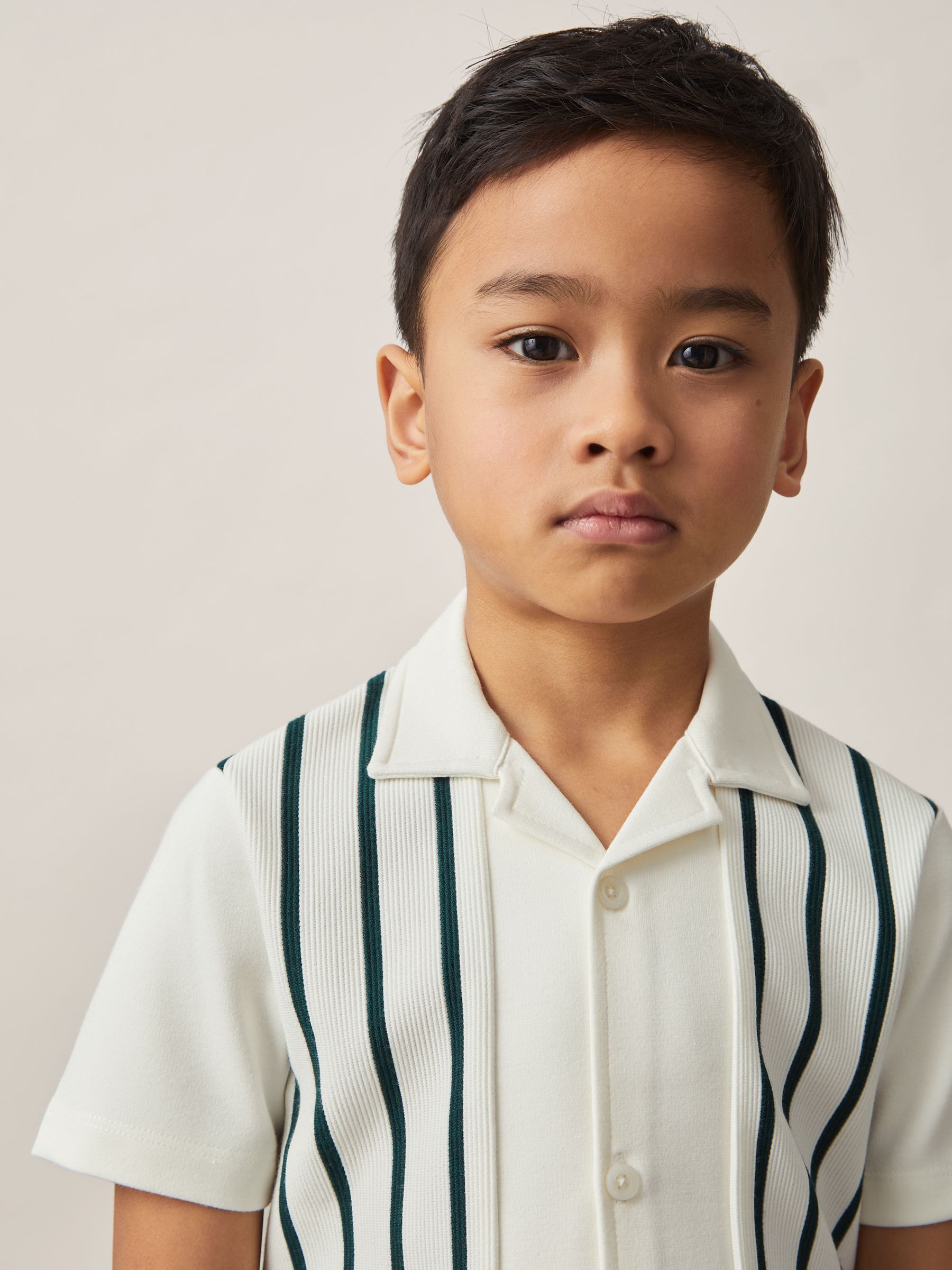 3-9 yrs Stripe Cuban Collar Shirt in Off White/Green