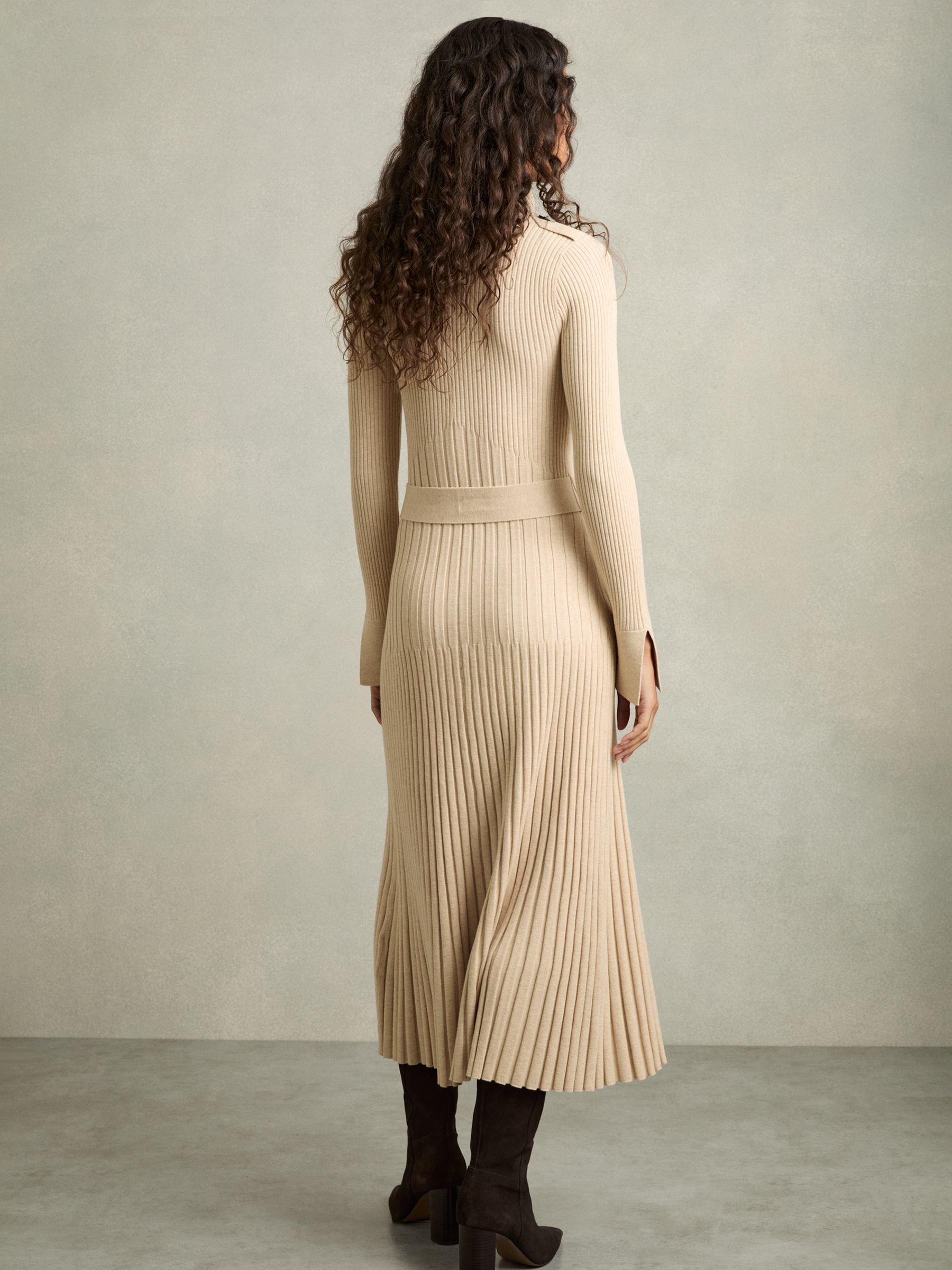 Ribbed Roll Neck Belted Midi Dress in Neutral