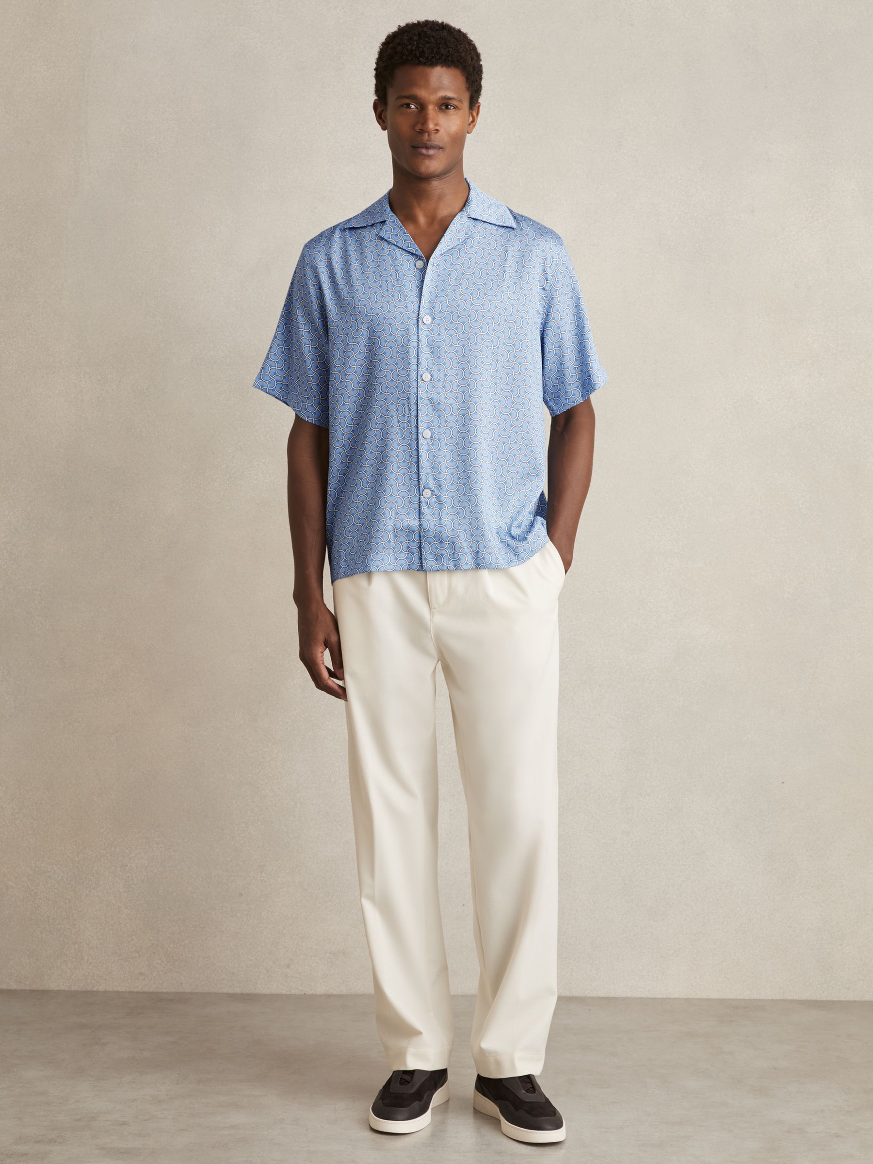 Geometric Wave Print Cuban Shirt in Soft Blue