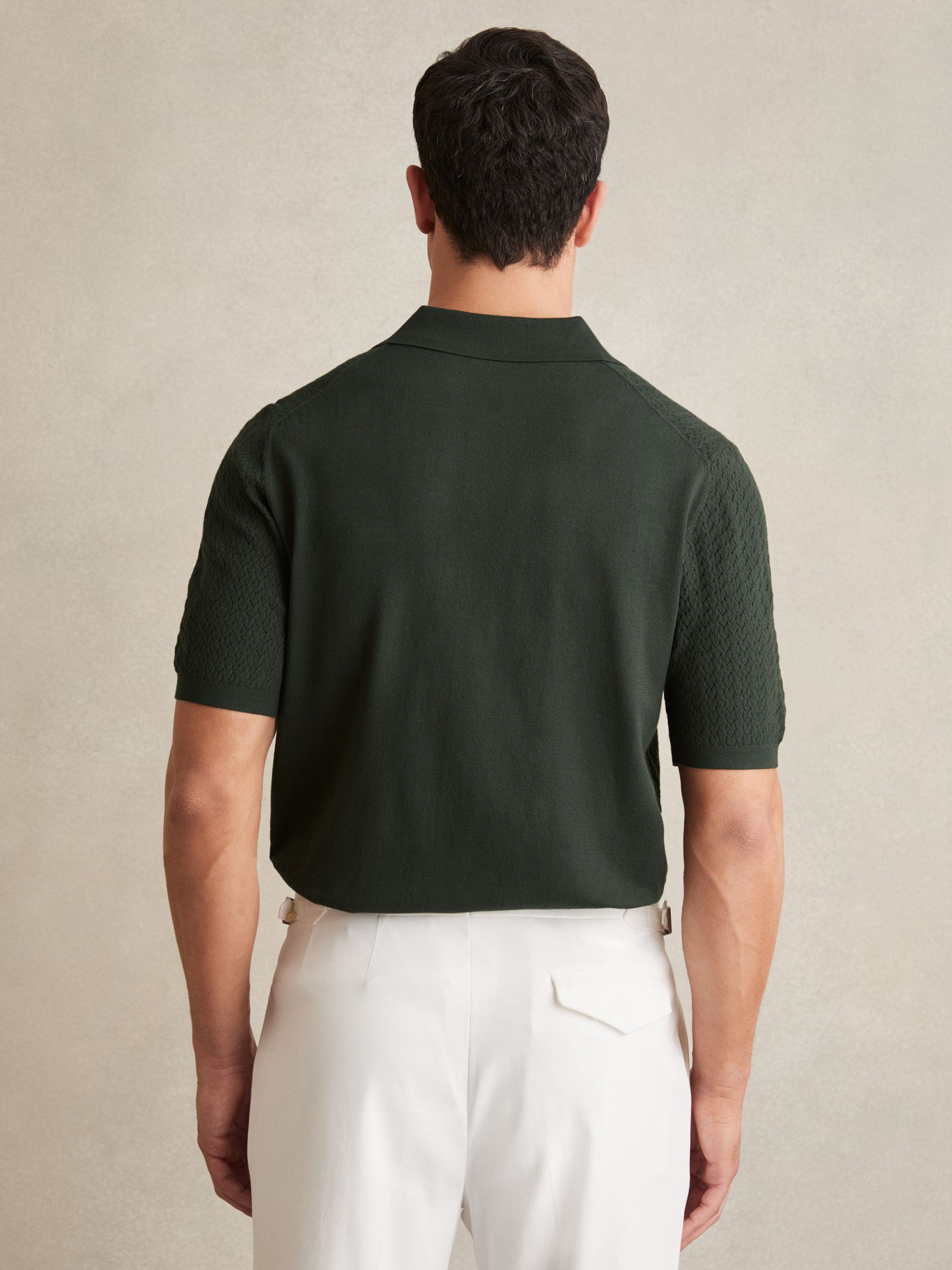 Textured Knit Button-Through Shirt in Dark Green