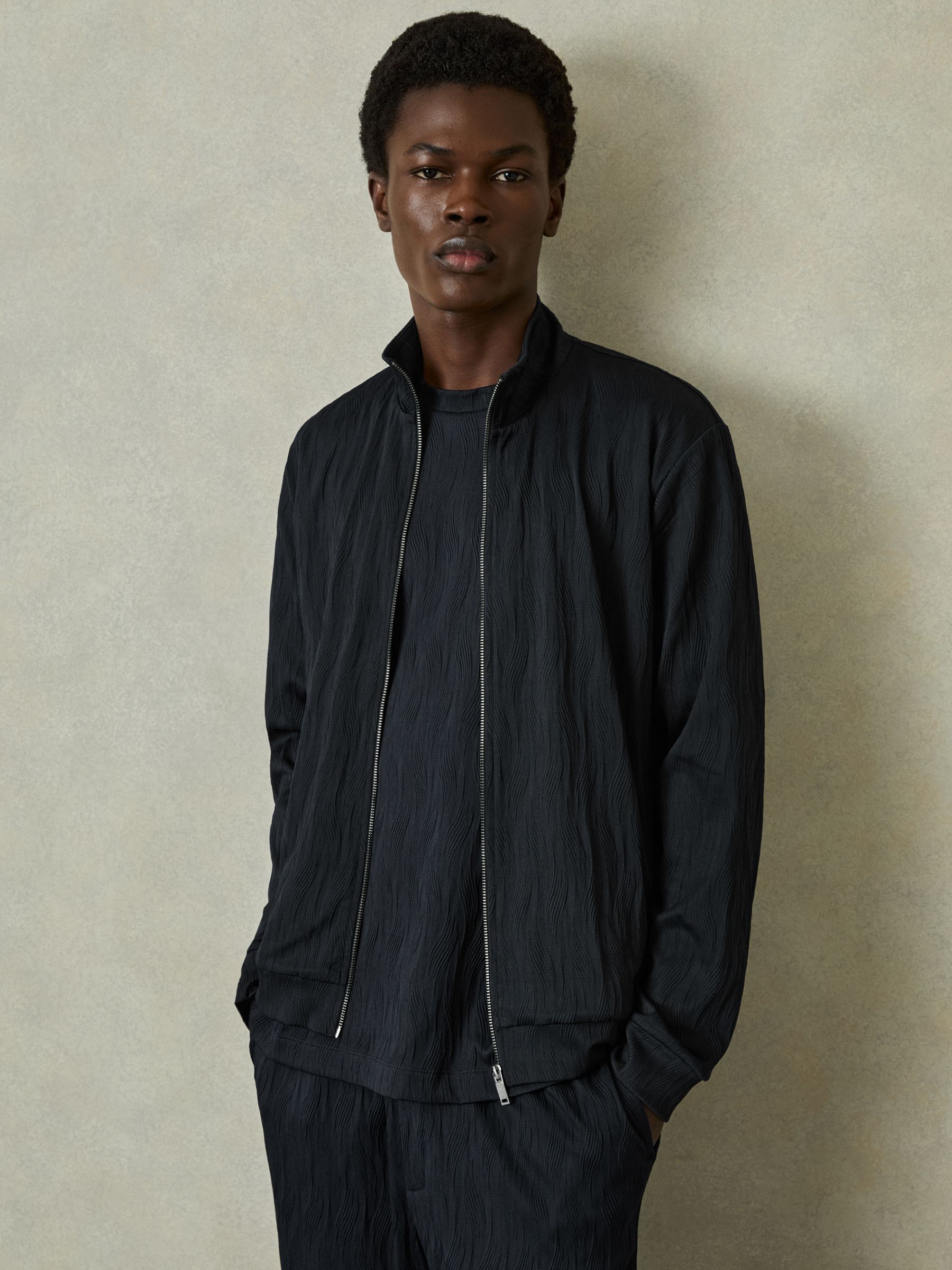 Wave-Jacquard Zip-Through Jacket in Navy