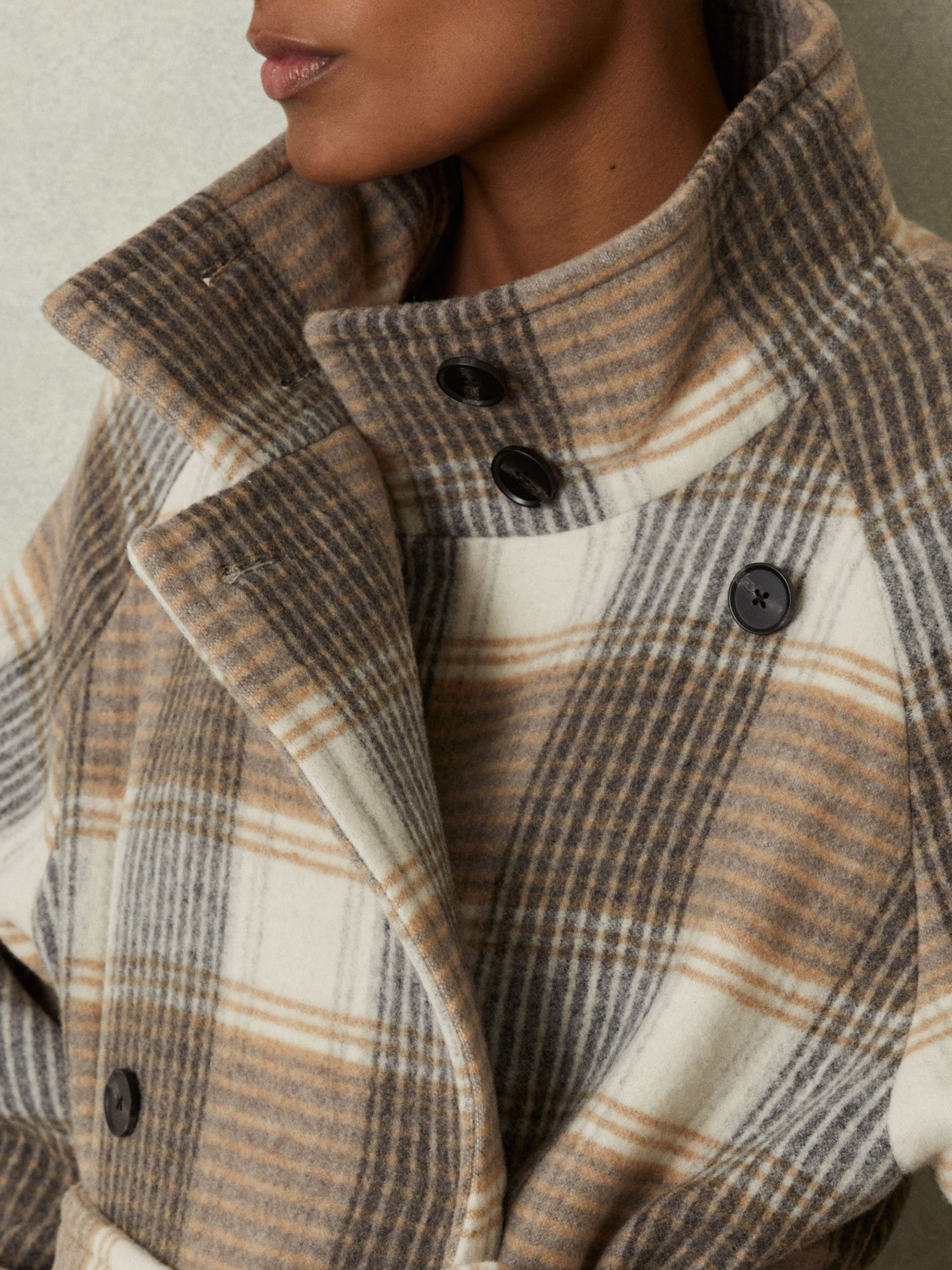 Wool Blend Check Double Breasted Coat in Neutral Check