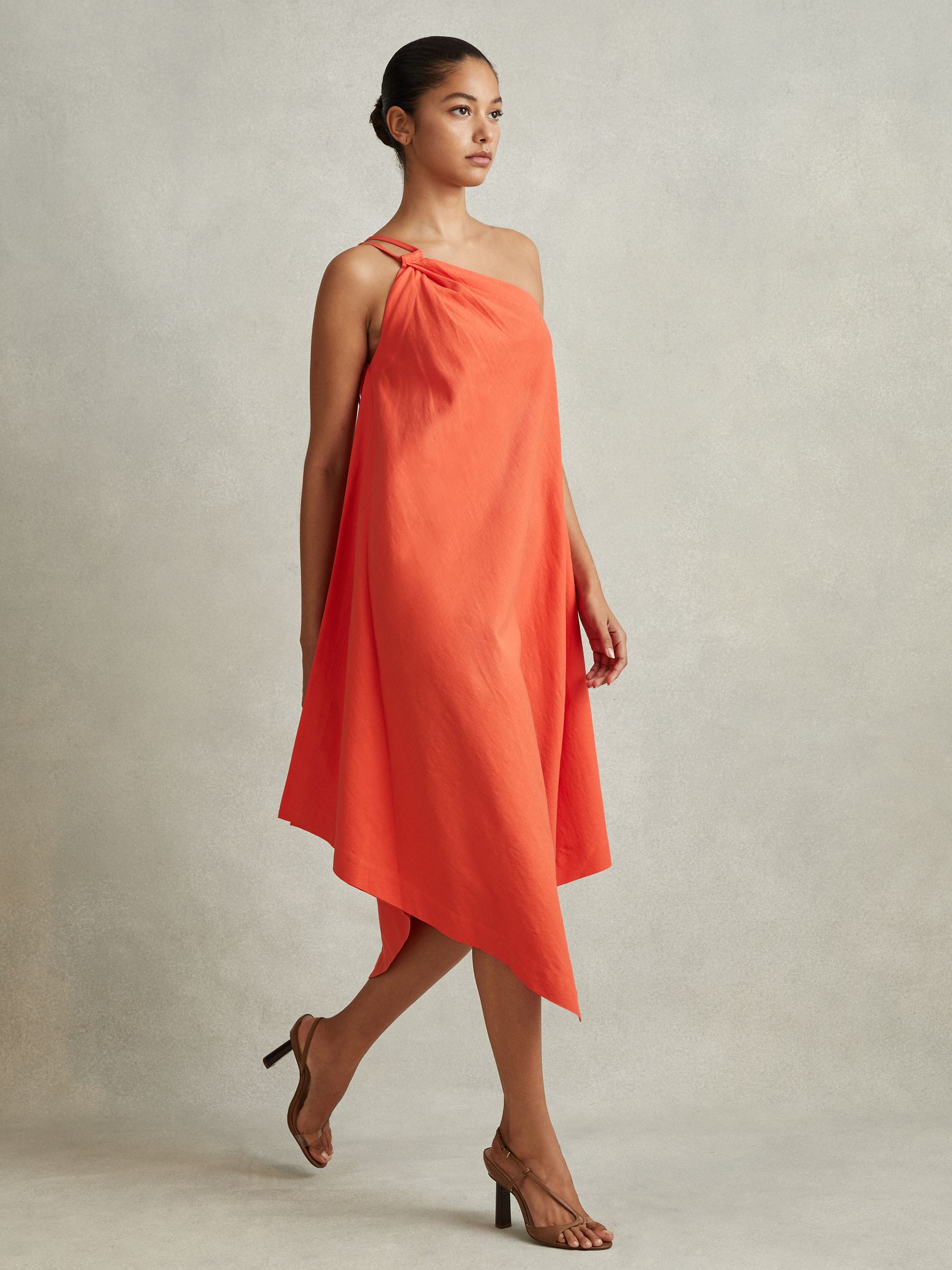 One Shoulder Draped Midi Dress in Orange