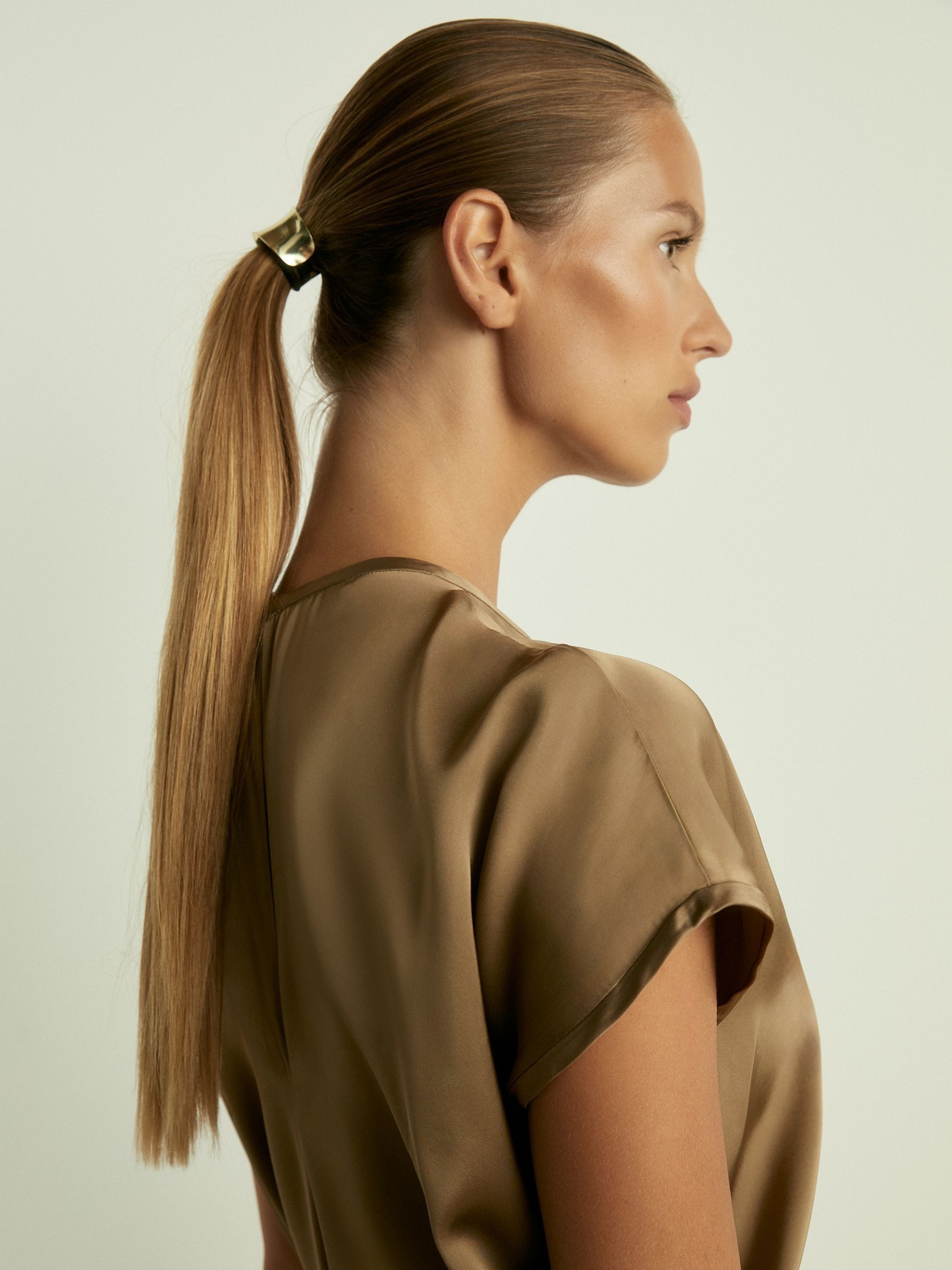 Satin Short-Sleeve Midi Dress in Khaki