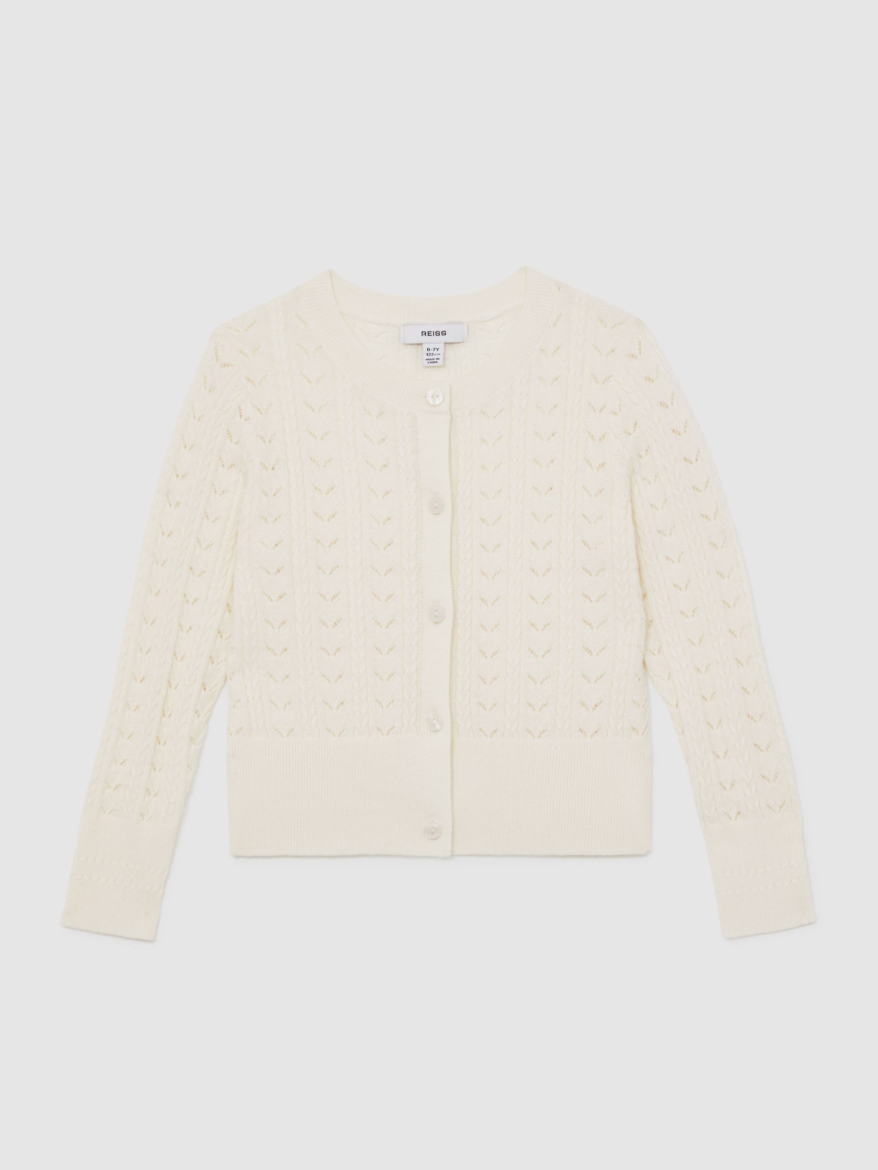 3-9 yrs Wool-Cotton Pointelle Cardigan in Ivory