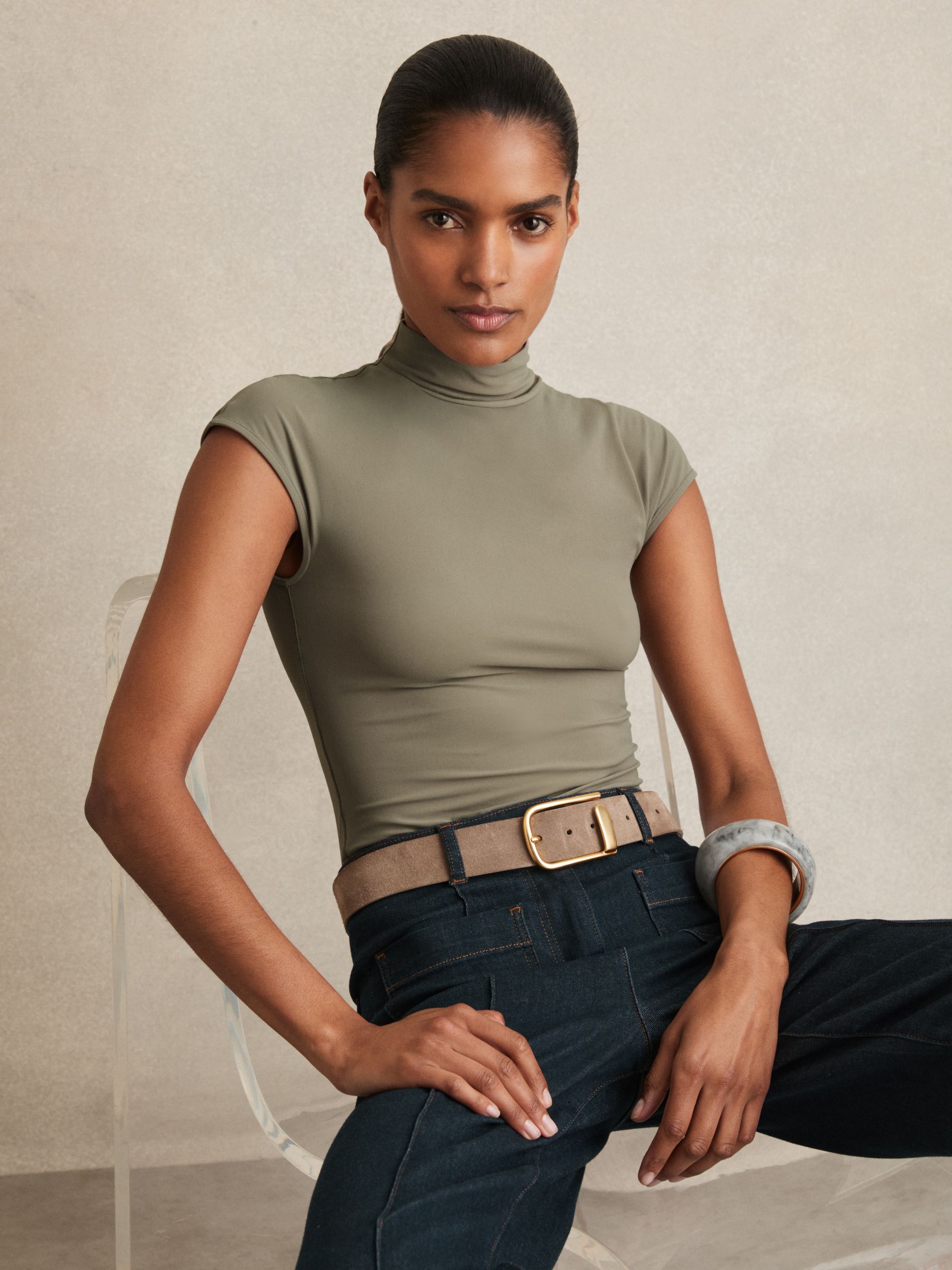 High-Neck Jersey Bodysuit in Sage Green