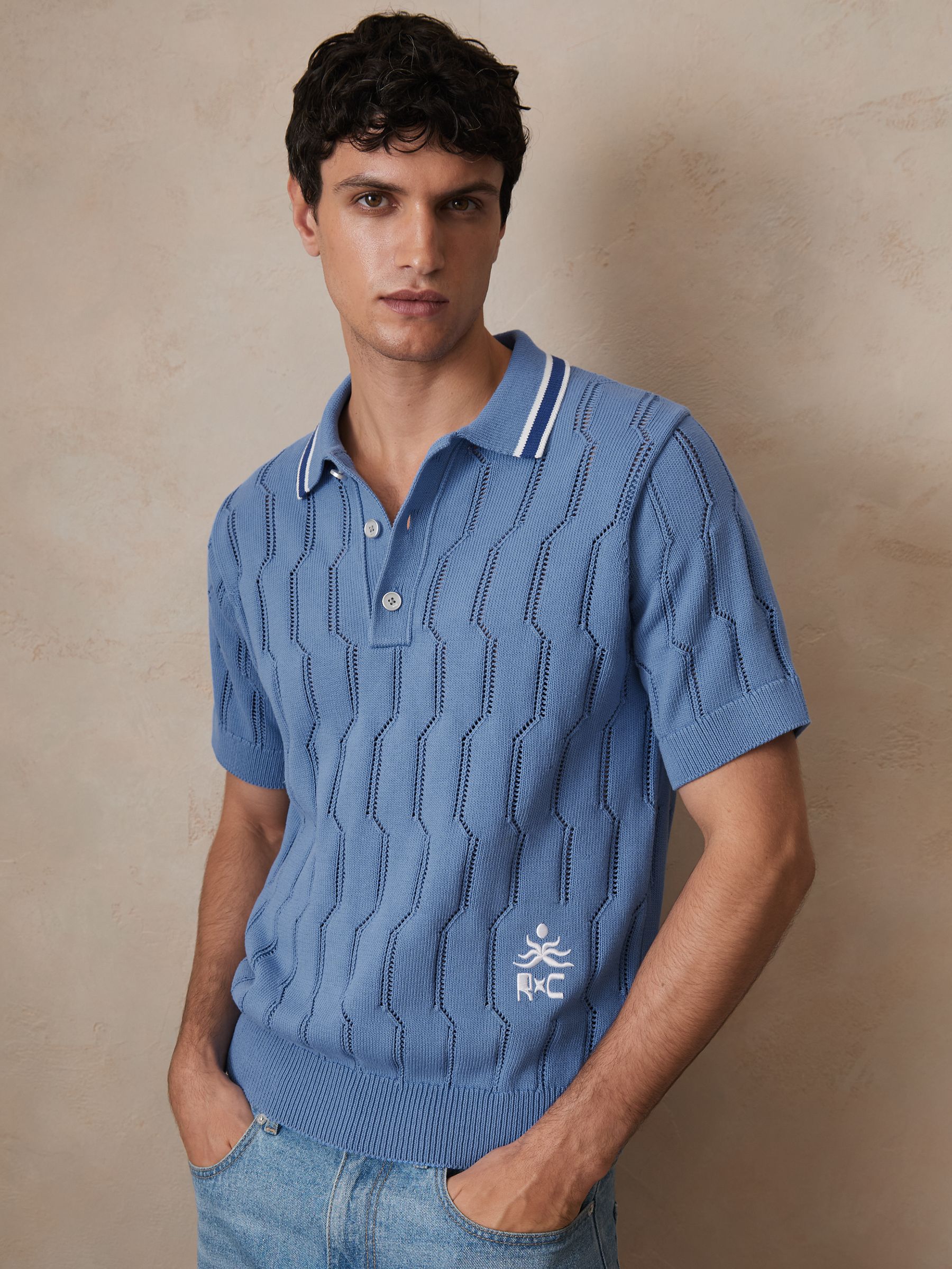 Reiss | Ché Cotton Pointelle Polo Shirt in Blue
