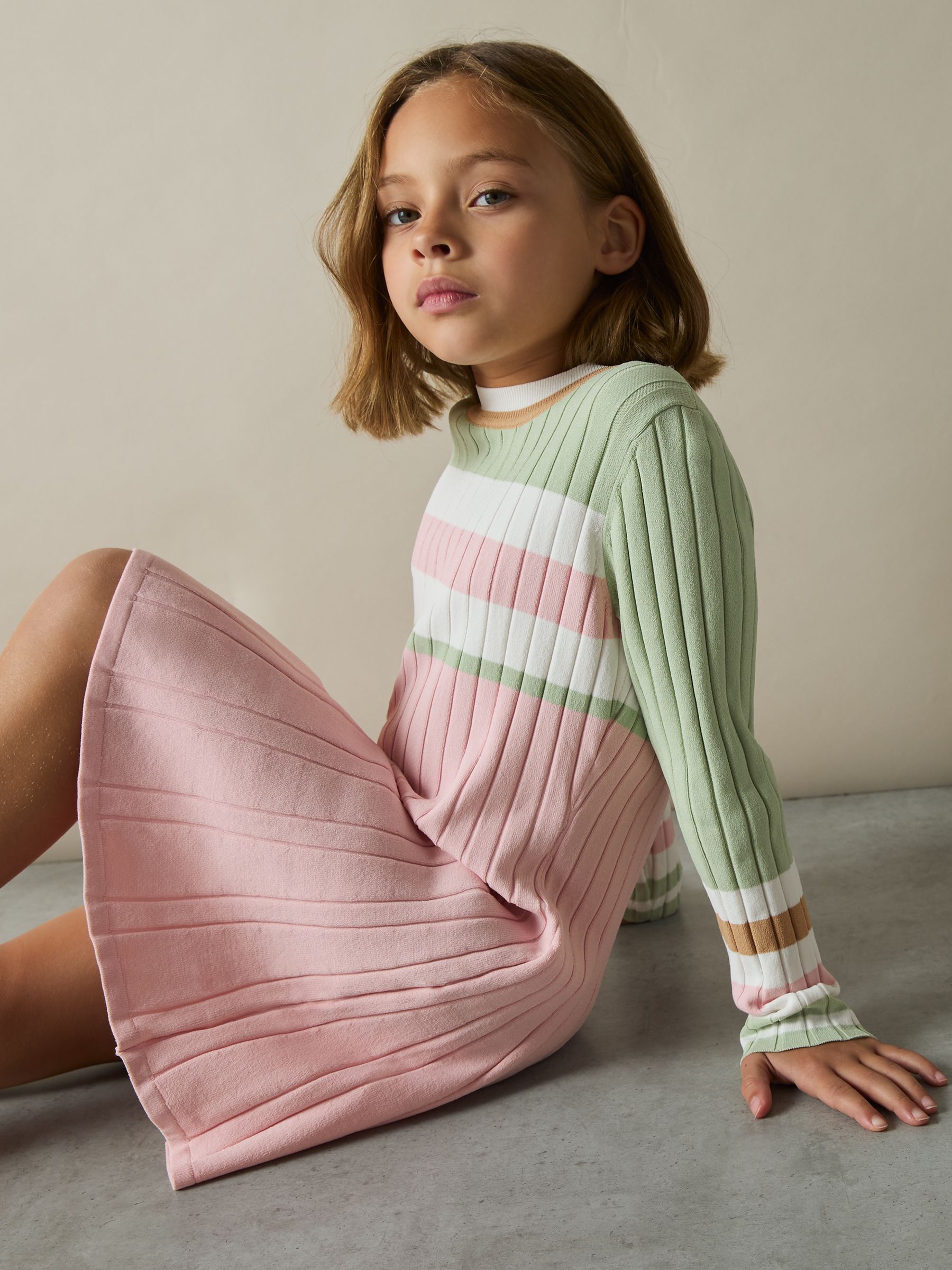 4-9 yrs Colour-Block Rib-Knit Skater Dress in Pink
