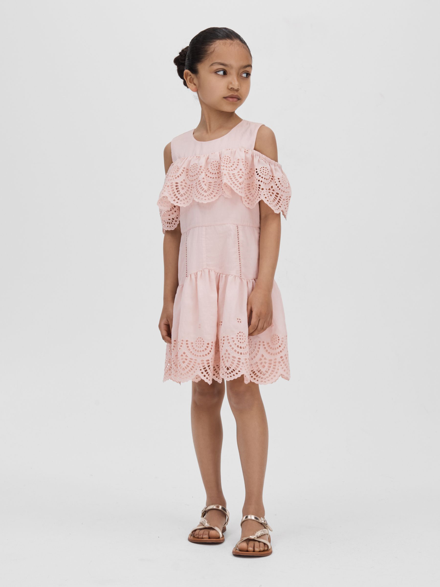 9-13 yrs Off-The-Shoulder Broderie Dress in Pink
