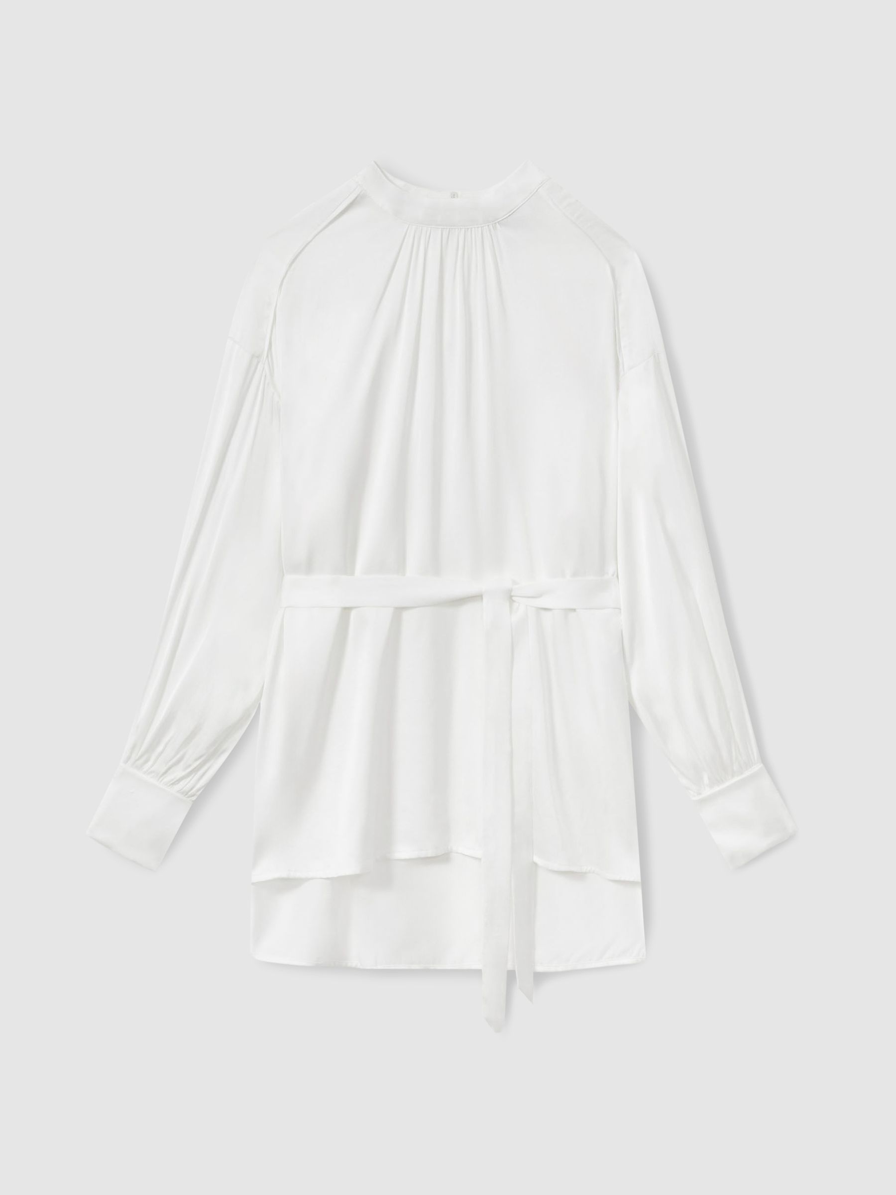 Woven High-Neck Belted Blouse in Ivory