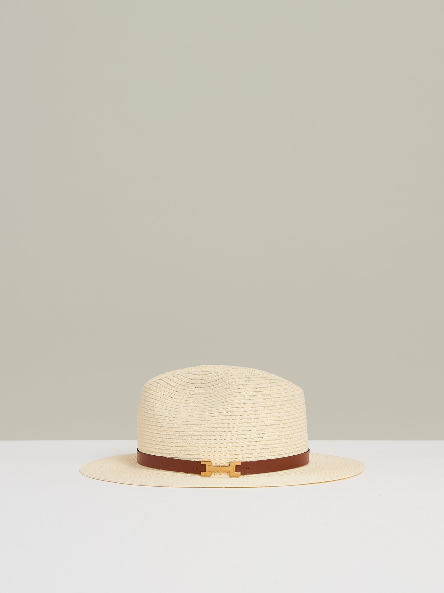 Faux Leather Trim Woven Hat in Natural