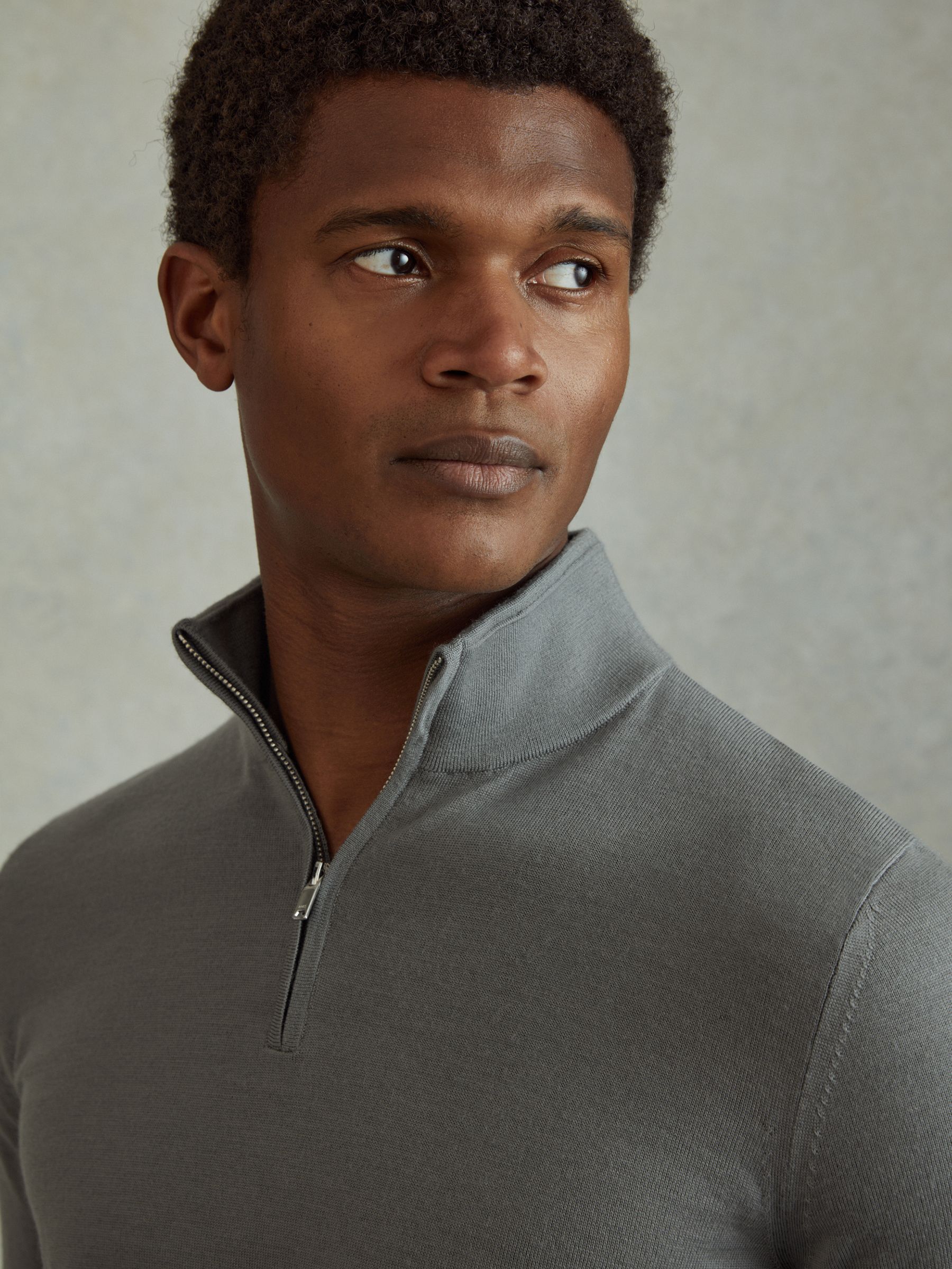 Merino Wool Half-Zip Funnel Neck Jumper in Dusty Green