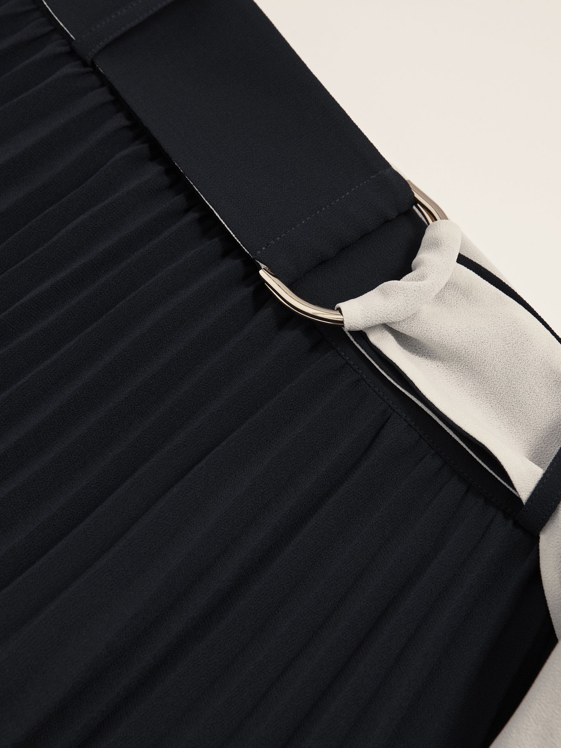 Belted Pleated Midi Skirt in Navy/Ivory