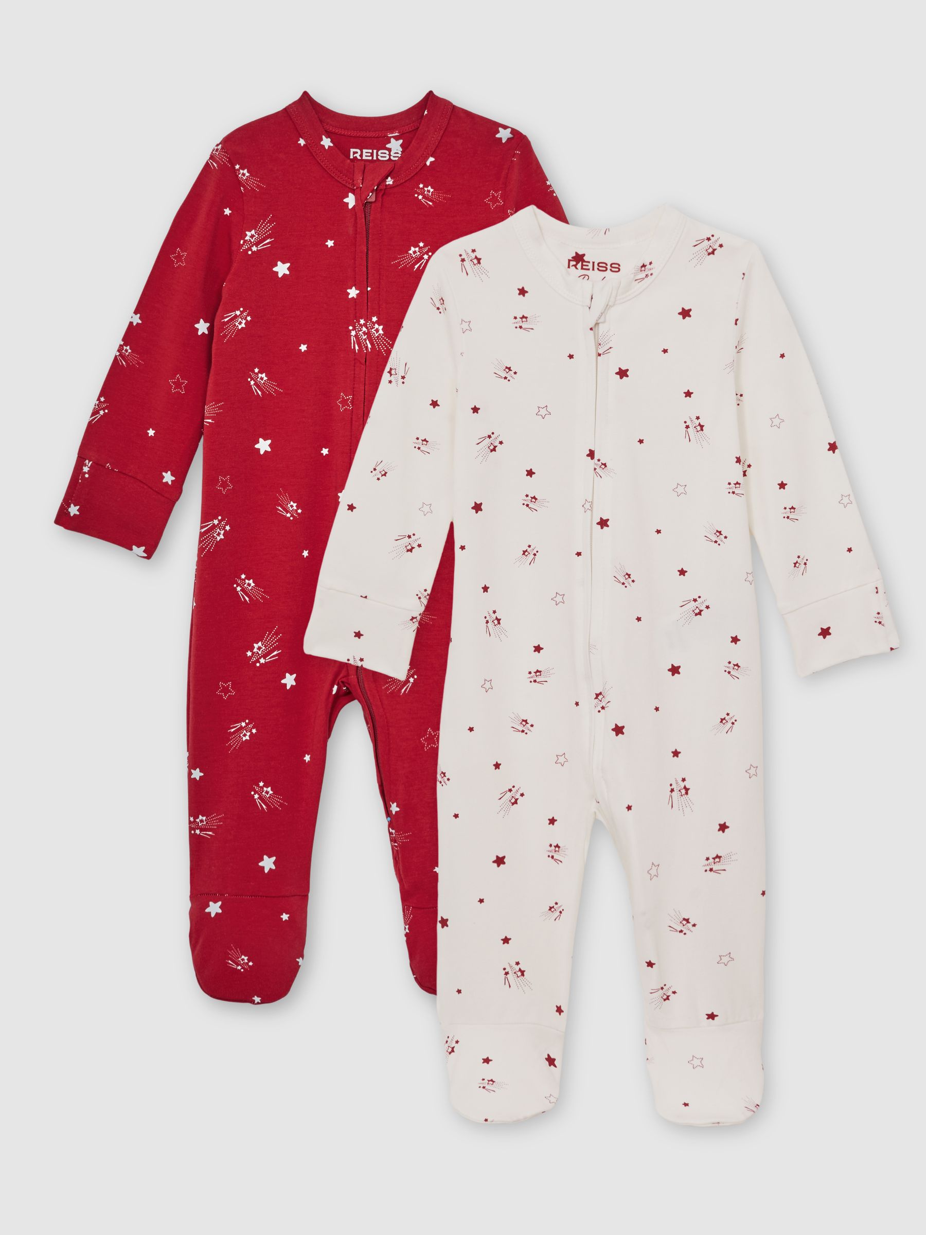 2 Pack Bird-Print Jersey Sleepsuits in Red Print