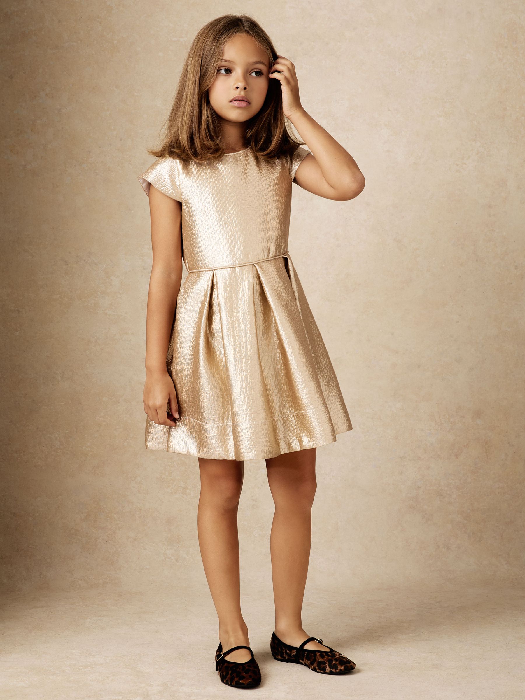 9-13 yrs Textured Metallic Pleated Dress in Gold