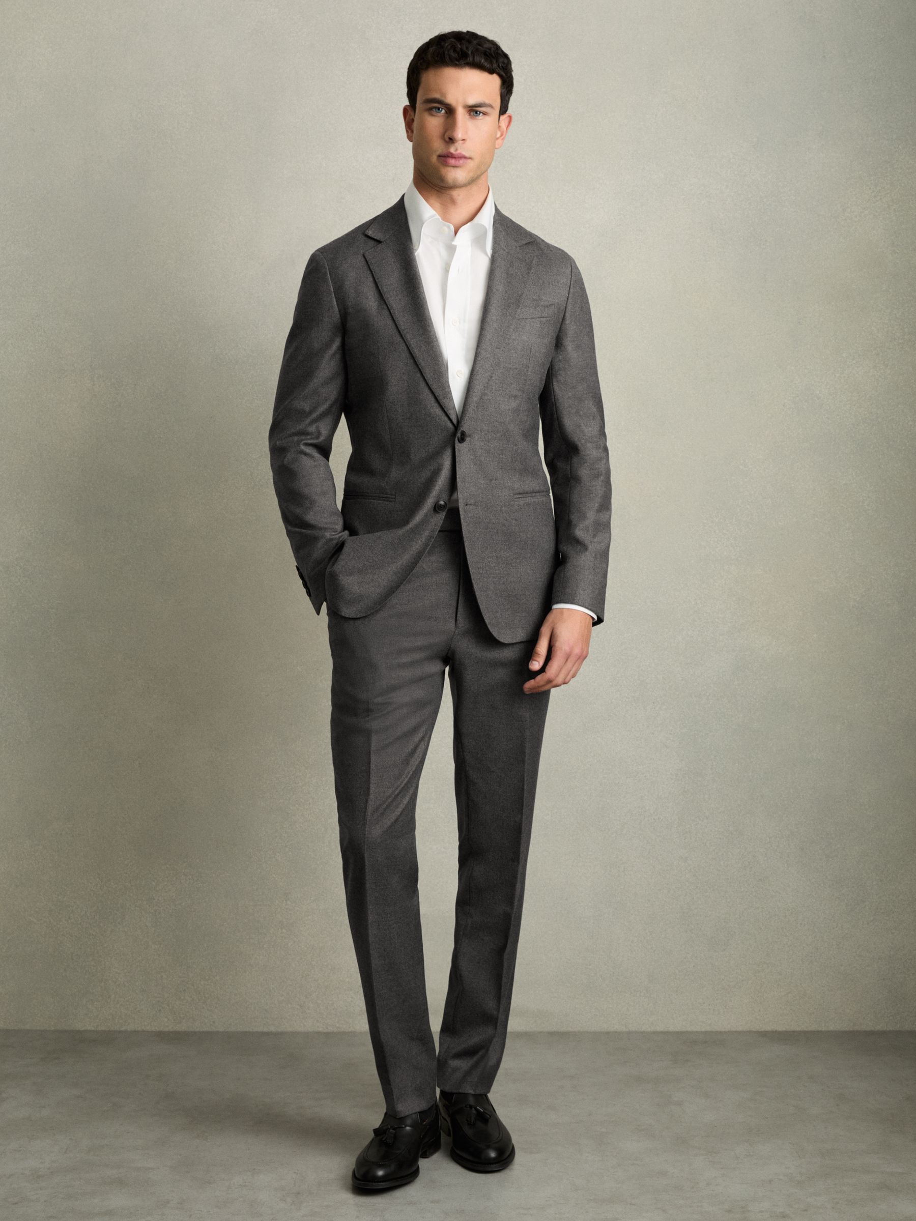 Slim-Fit Wool Blend Suit Trousers in Grey Melange