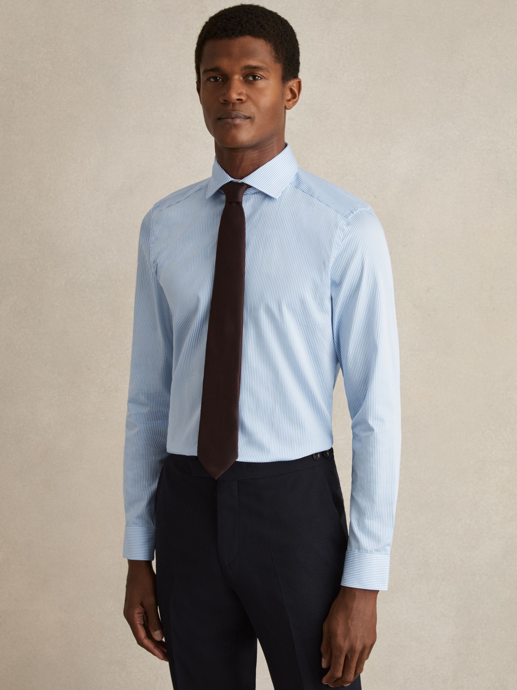 Slim Fit Cotton-Satin Cutaway-Collar Shirt in Blue Stripe