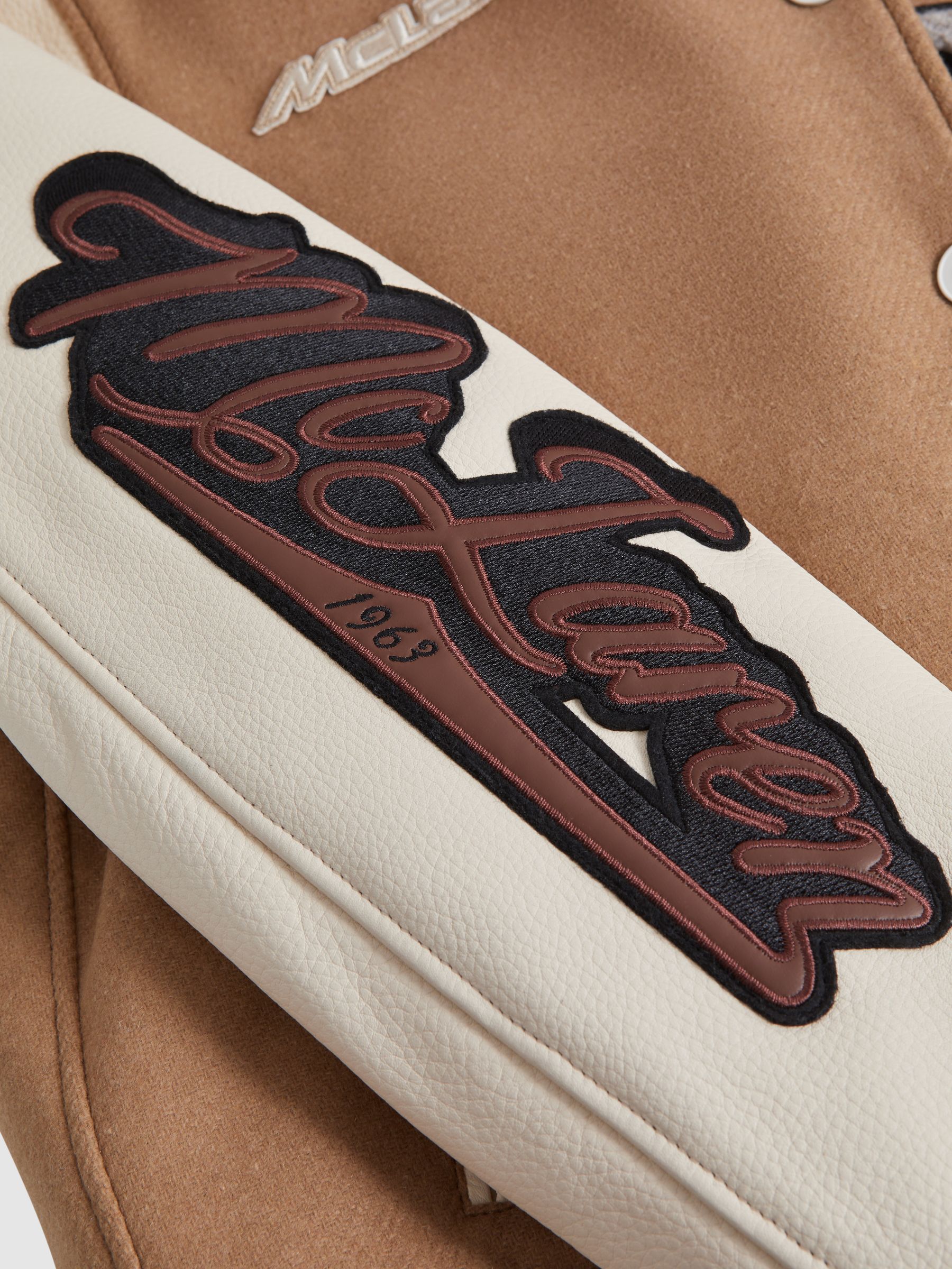 McLaren F1 Leather Varsity Jacket in Camel/Ecru