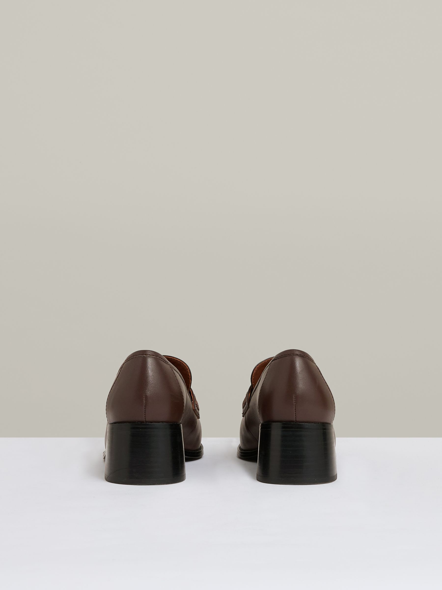 Leather Block-Heel Penny Loafers in Chocolate