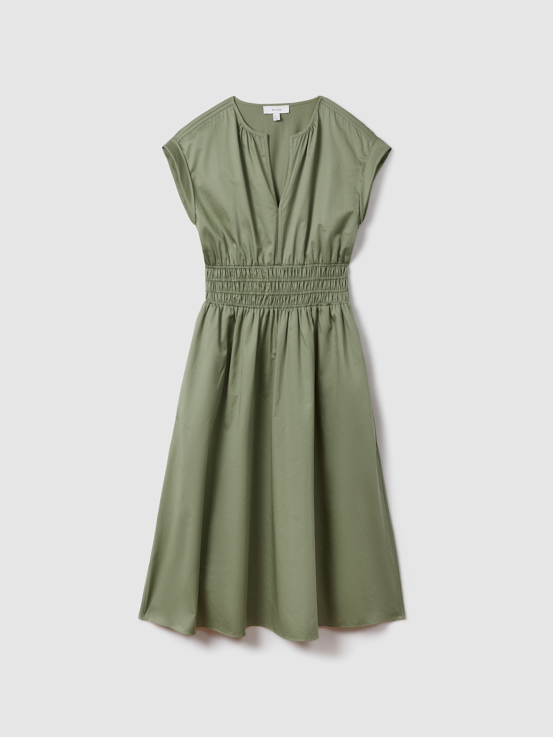 Cotton Ruched Waist Midi Dress in Green