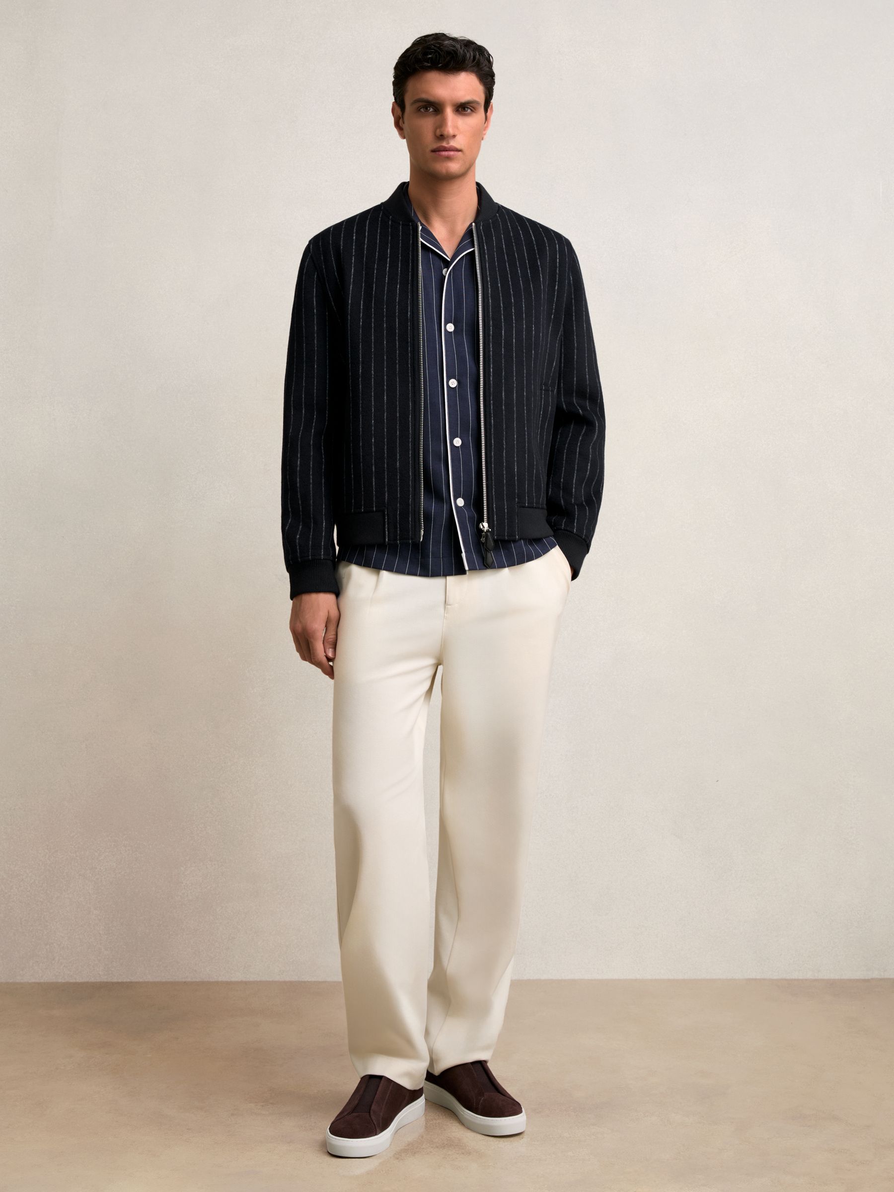 Wool-Blend Chalk-Stripe Bomber Jacket in Navy