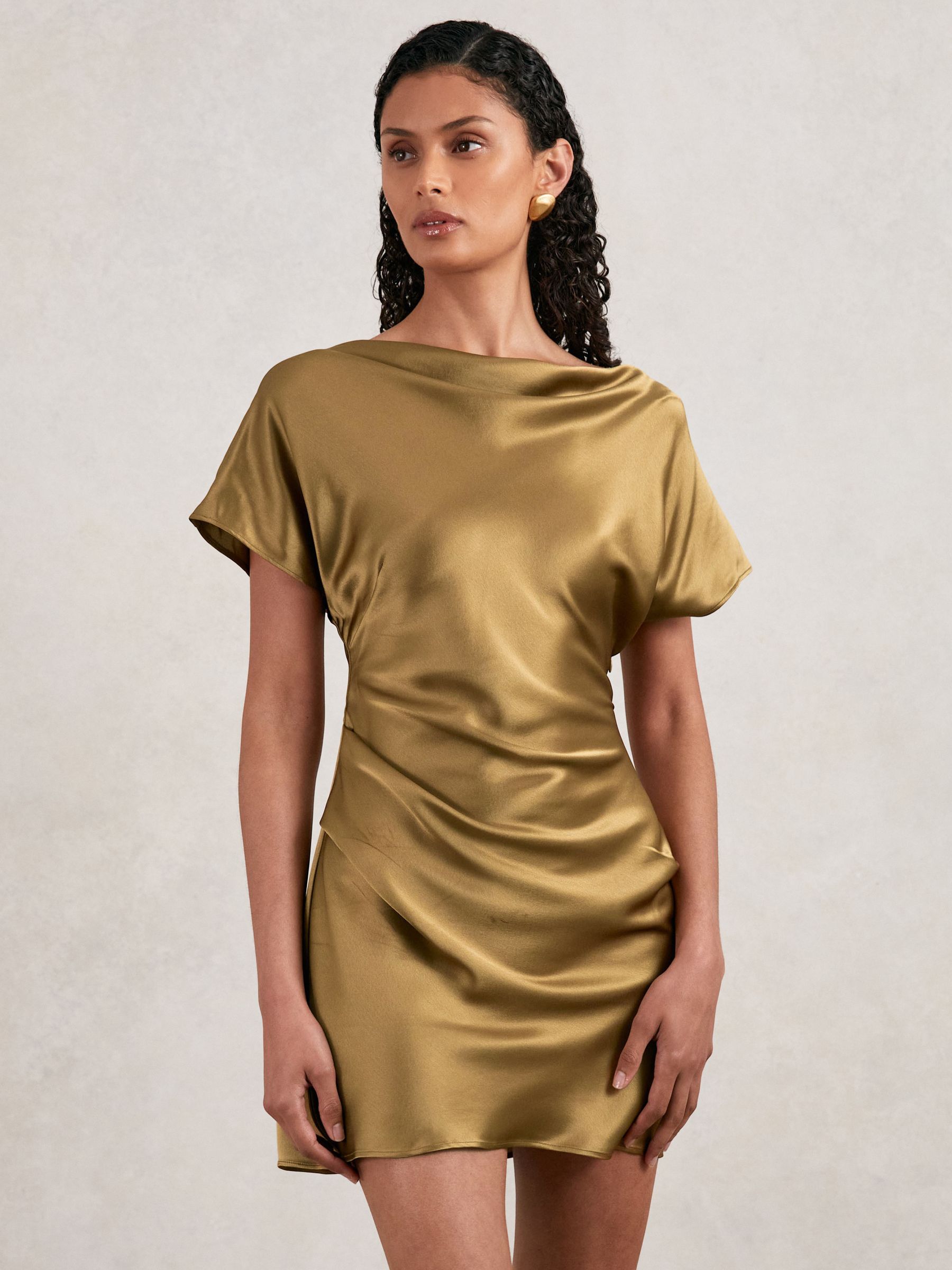 Acler Draped Satin Mini Dress in Gold Moss