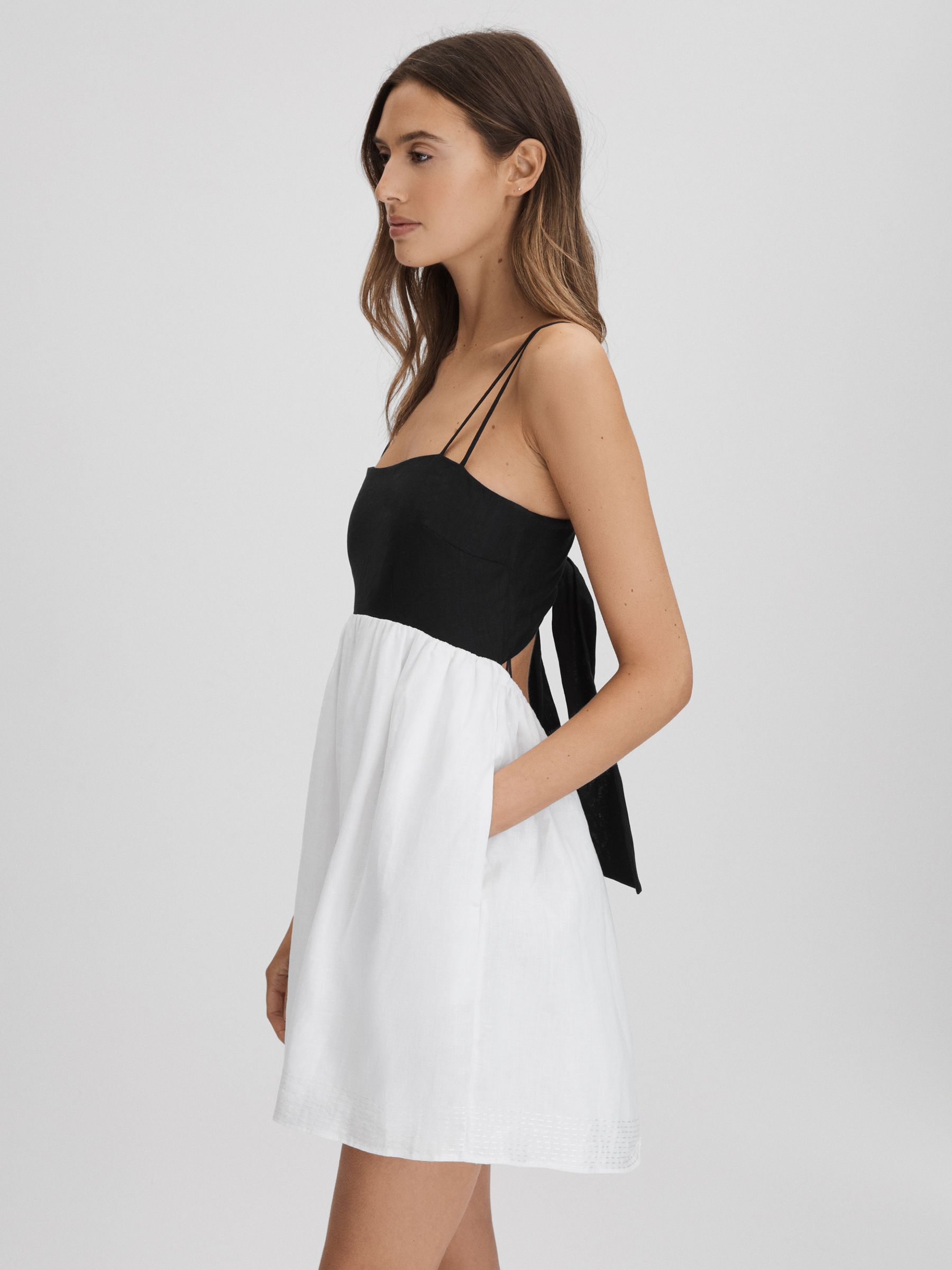 Linen Colourblock Mini Dress in Black/White