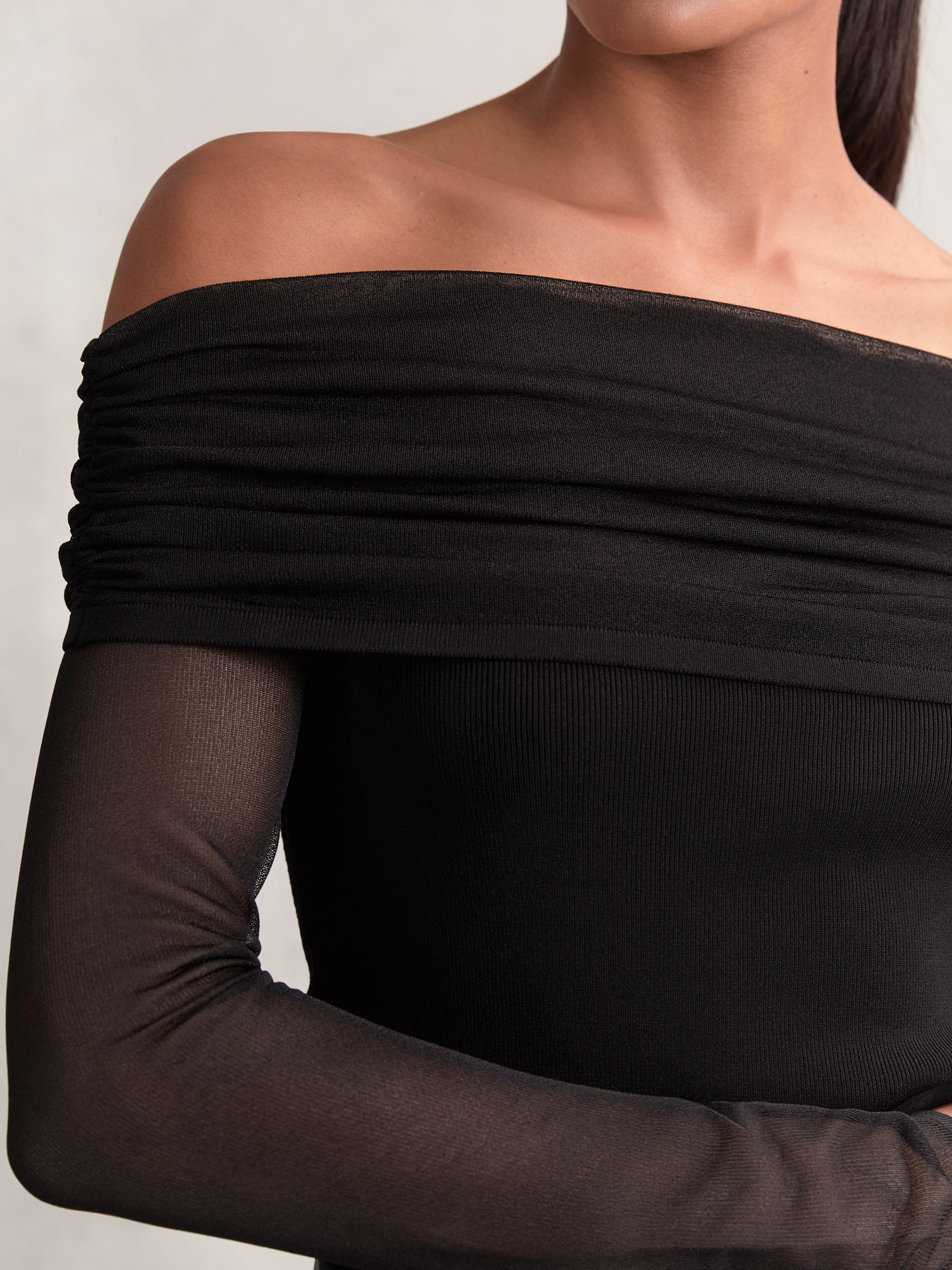 Sheer Mesh Bardot Top in Black