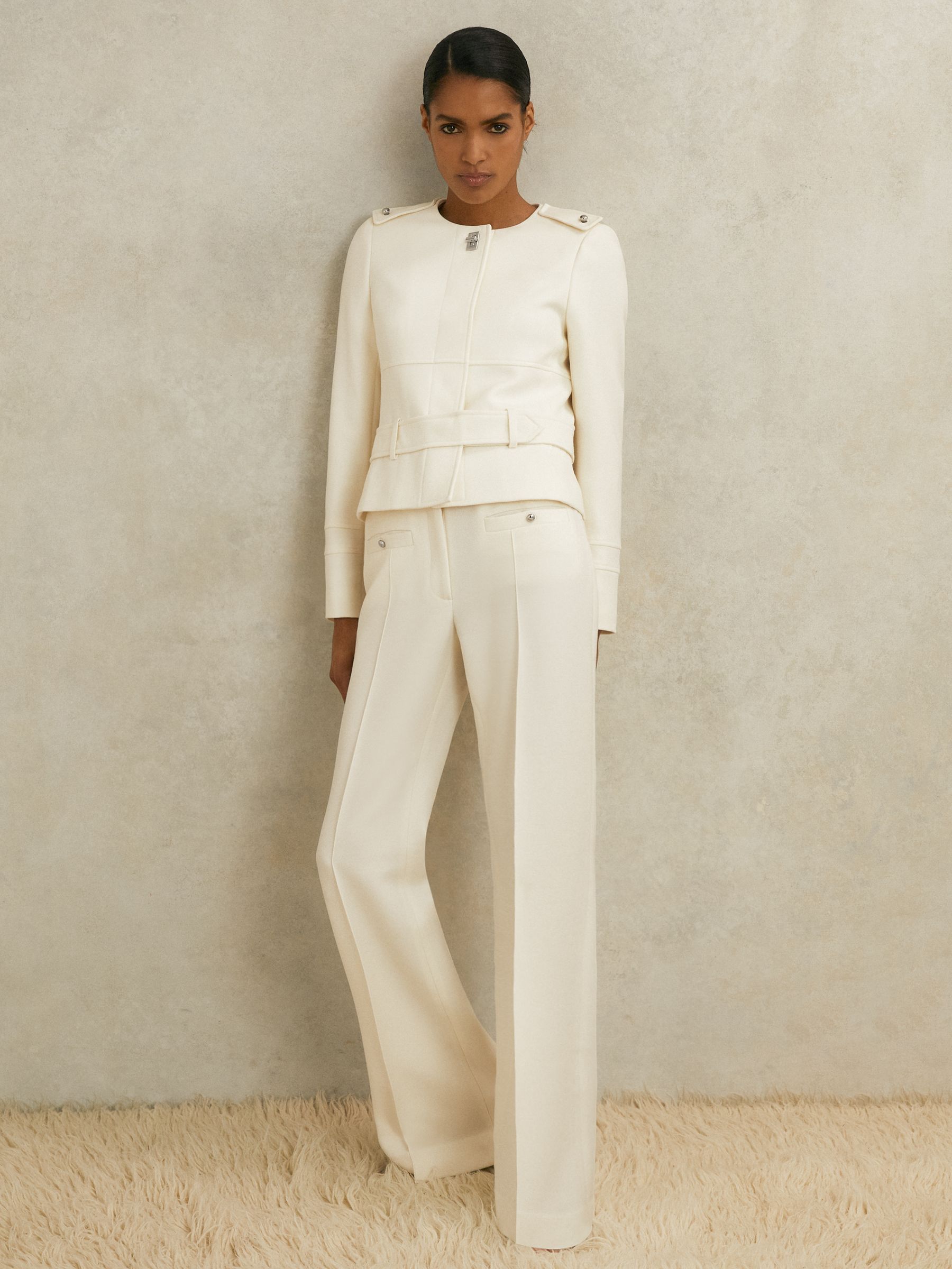 Atelier Wool Collarless Belted Jacket in White