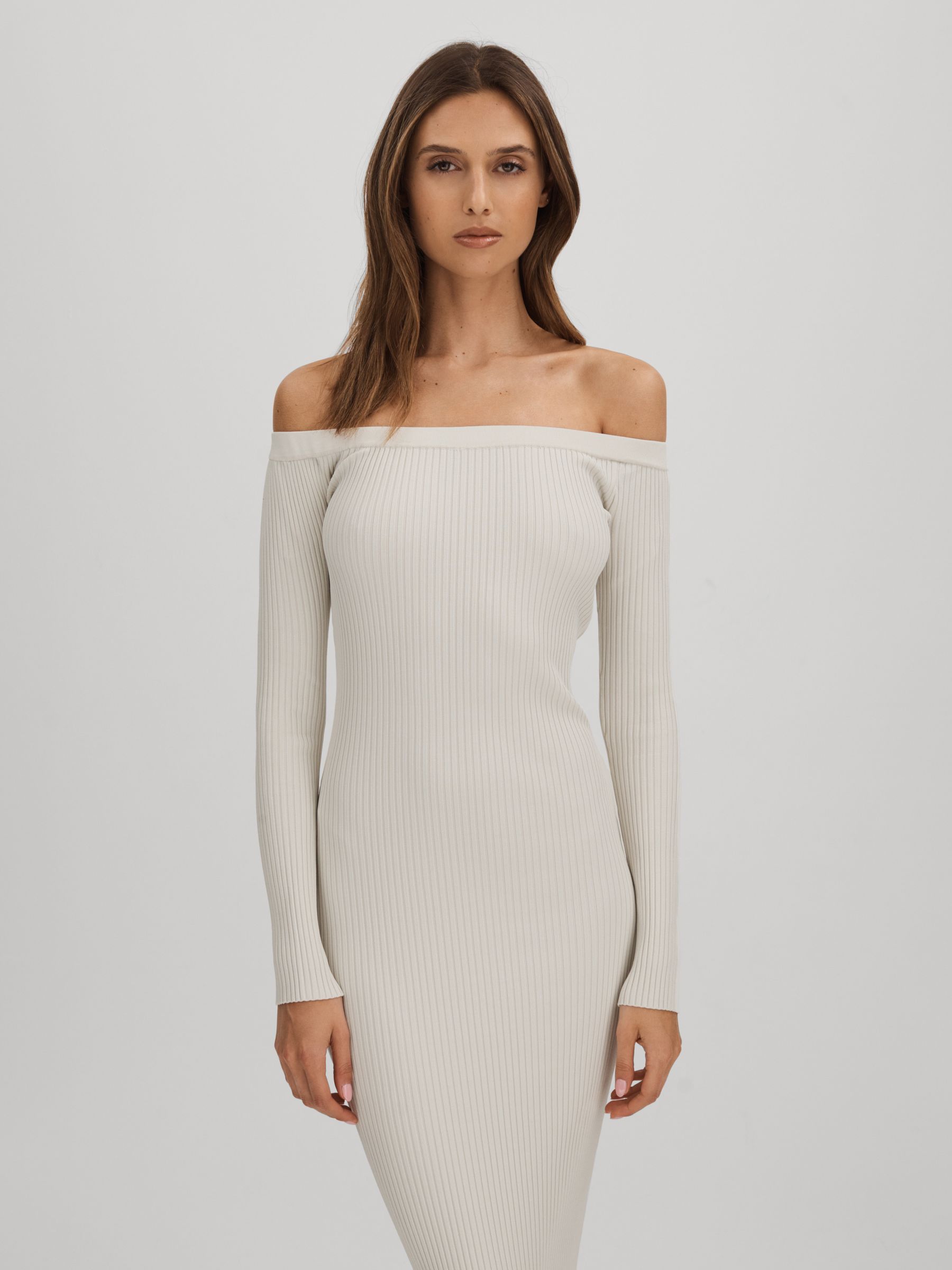 Good American Ribbed Off The Shoulder Maxi Dress in Cloud White