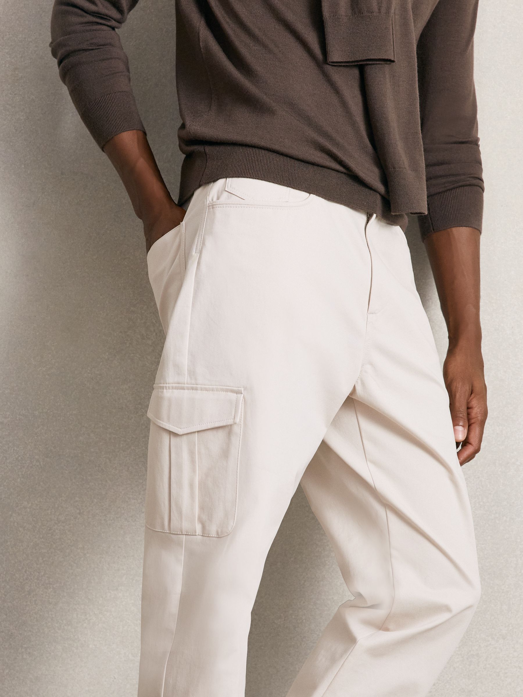 Cotton Tapered Cargo Trousers With Stretch in Stone