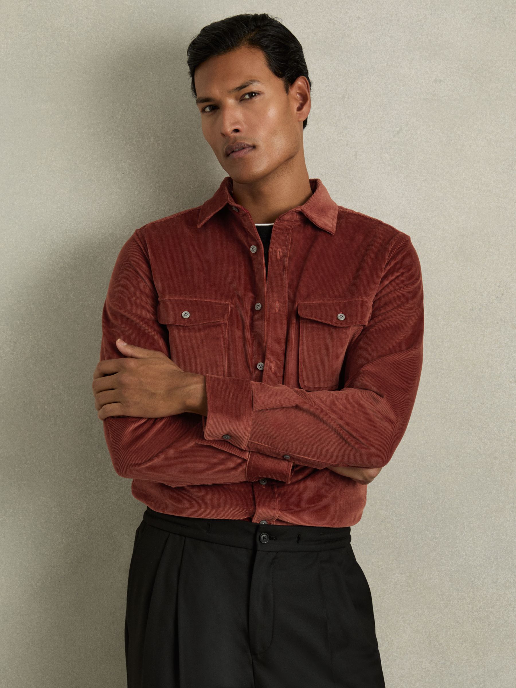 Cotton-Blend Corduroy Overshirt in Rust