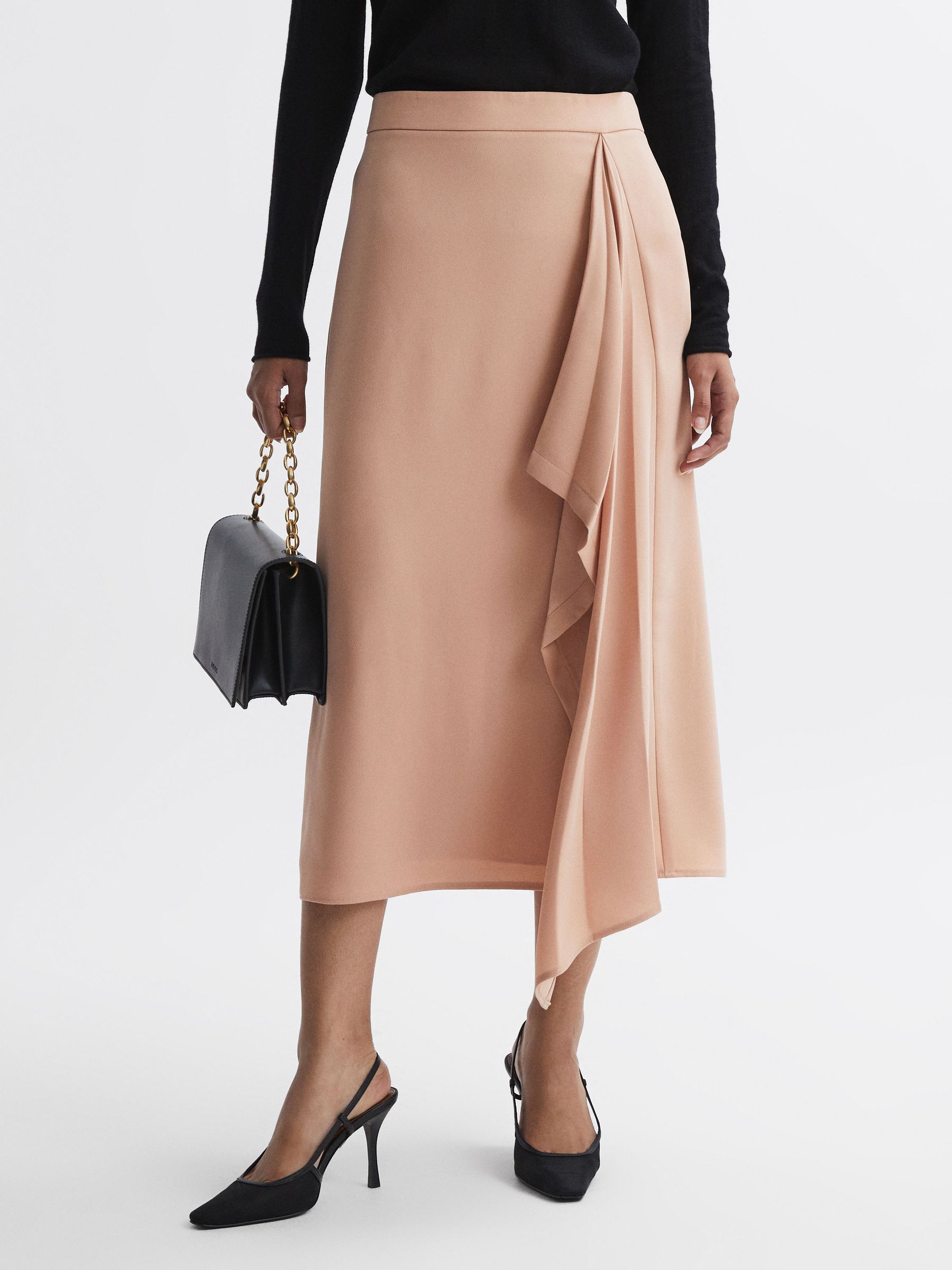 High Rise Ruffle Midi Skirt in Camel