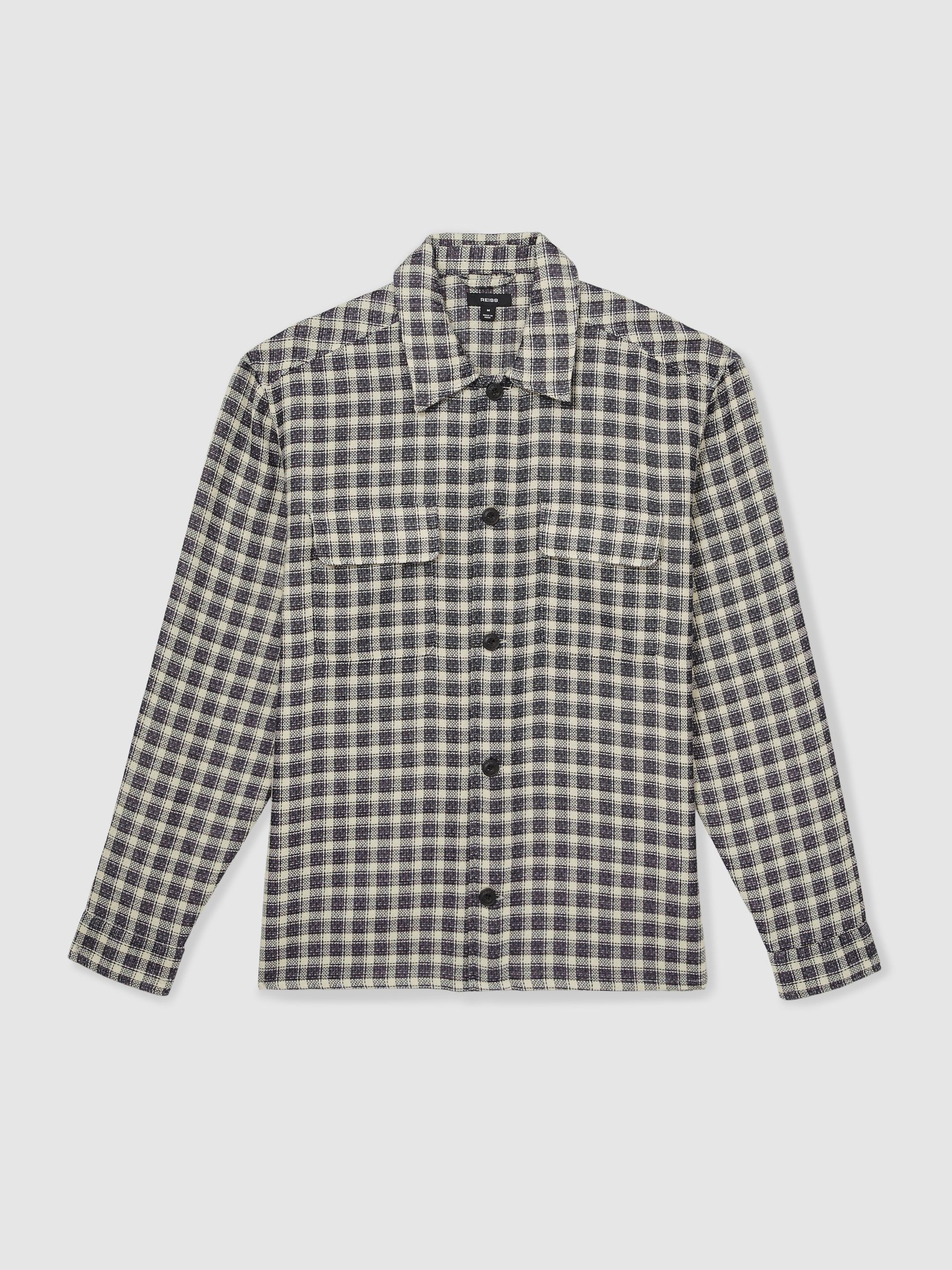 Woven Check Twin Pocket Overshirt in Navy/White