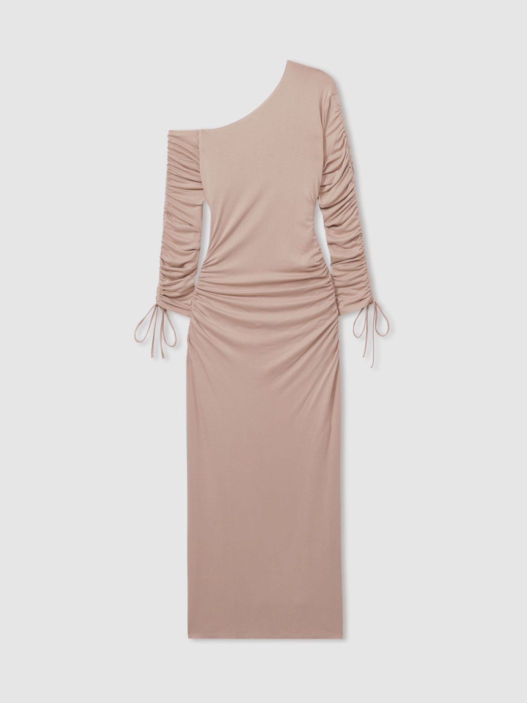 One-Shoulder Ruched-Jersey Midi Dress in Blush