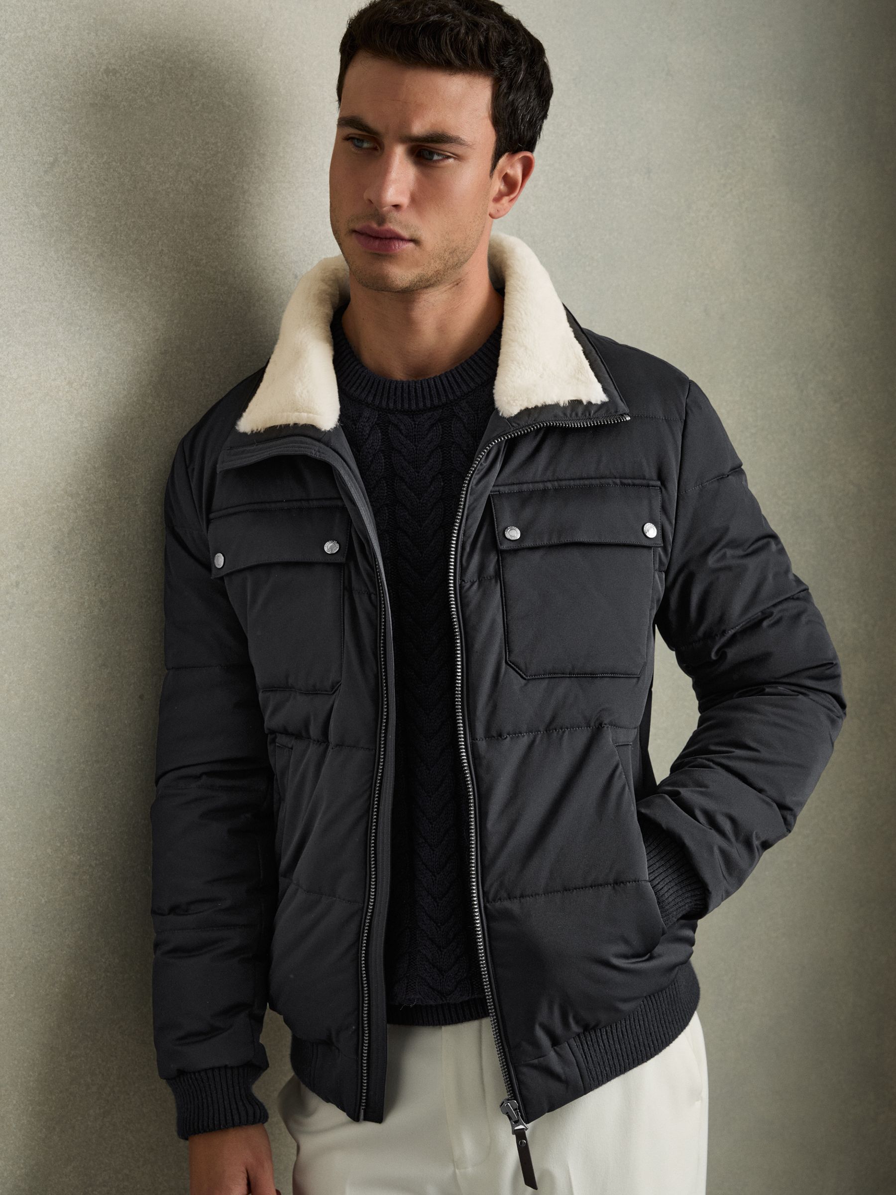 Faux-Fur Collar Puffer Jacket in Navy/ White Borg