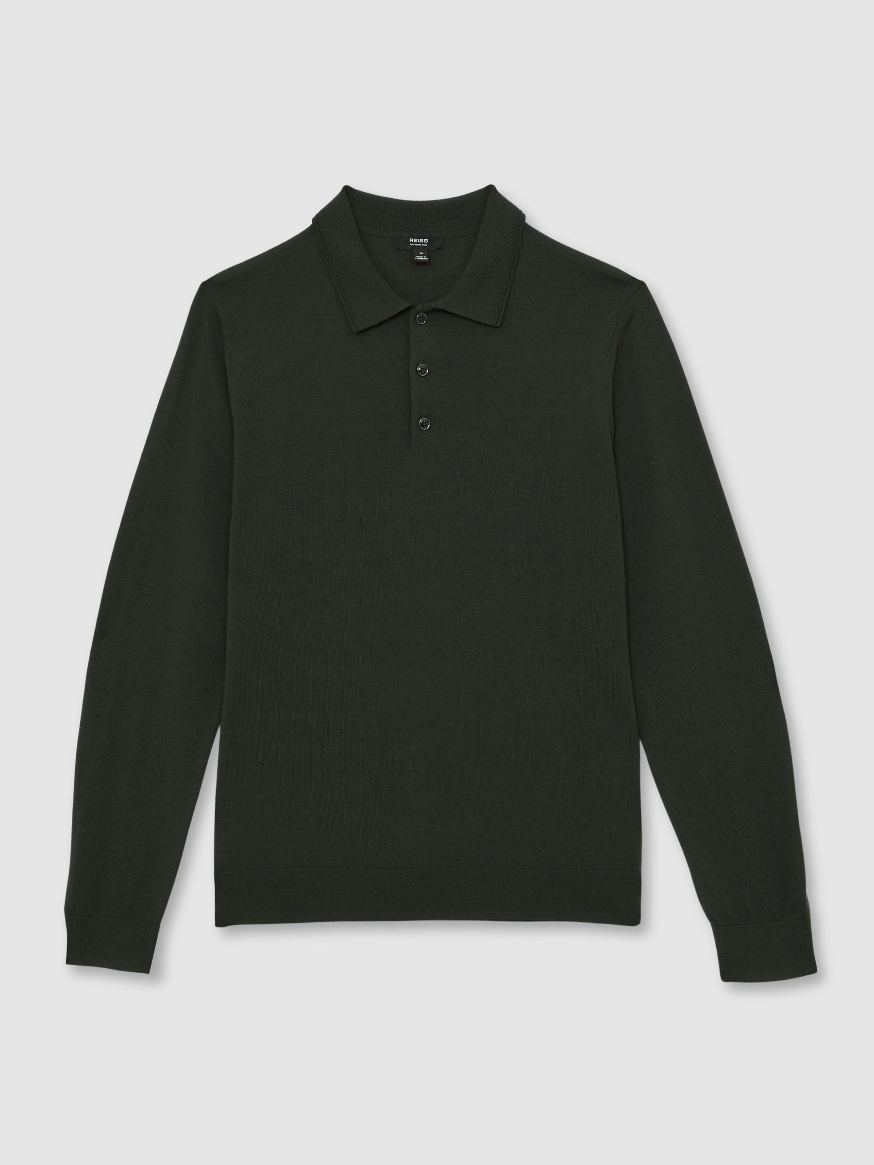Merino Wool Long-Sleeve Polo Shirt in Dark Military Green