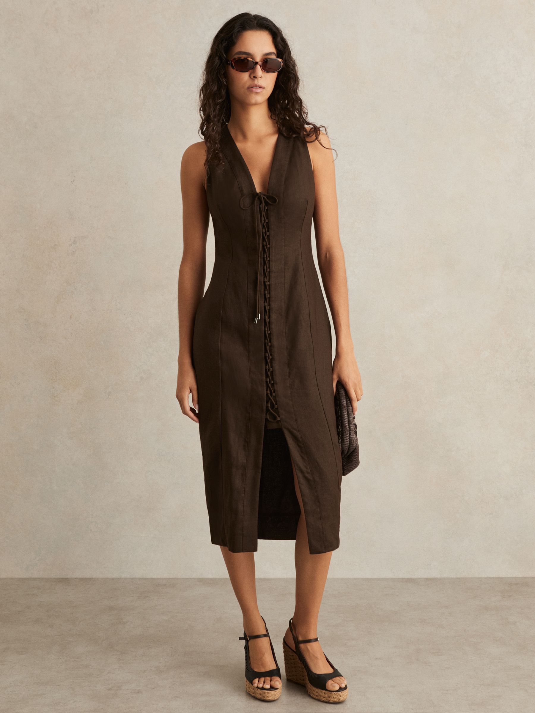 Lattice-Front Midi Dress in Chocolate Brown