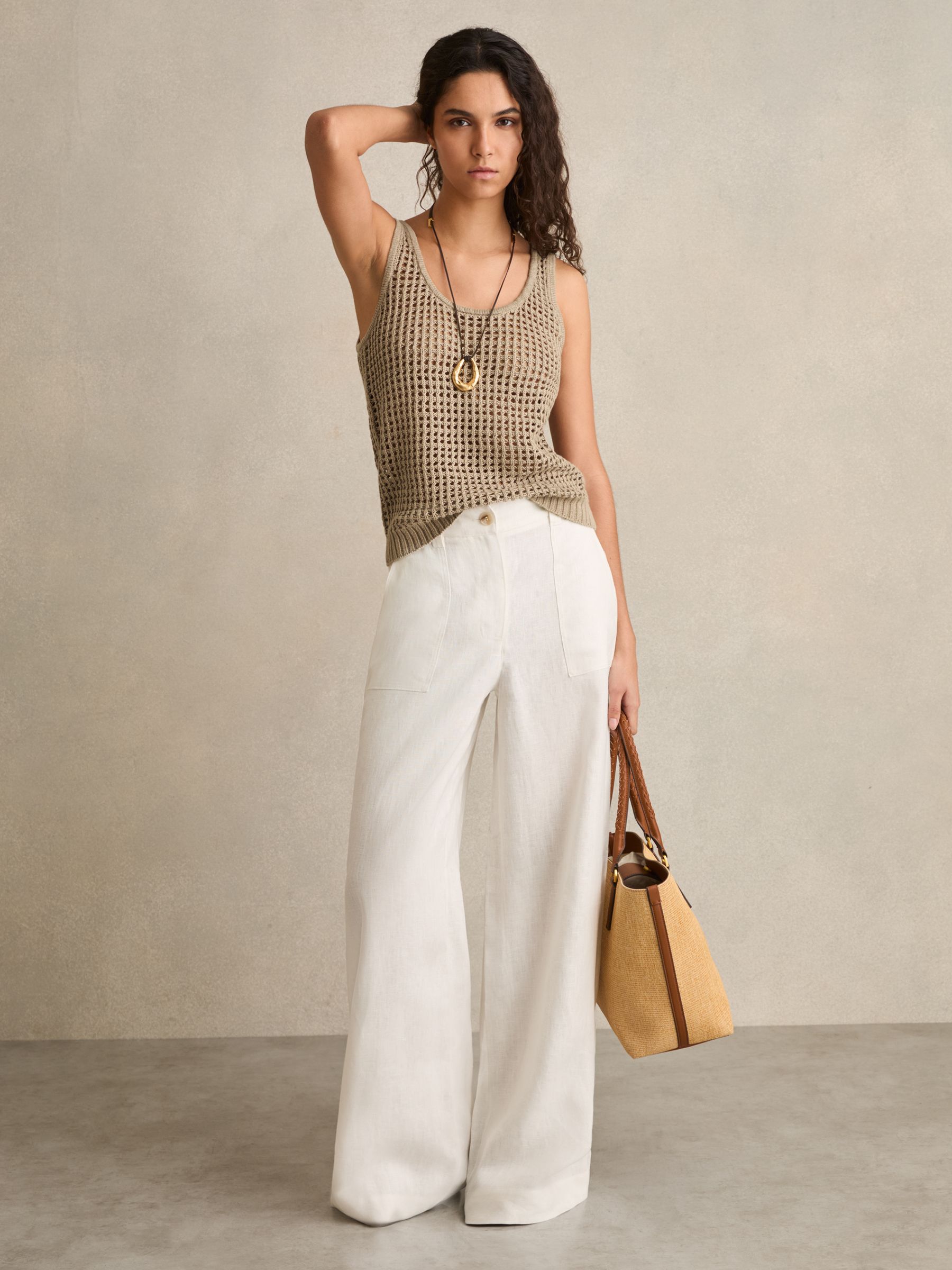 Linen Open Knit Vest in Stone