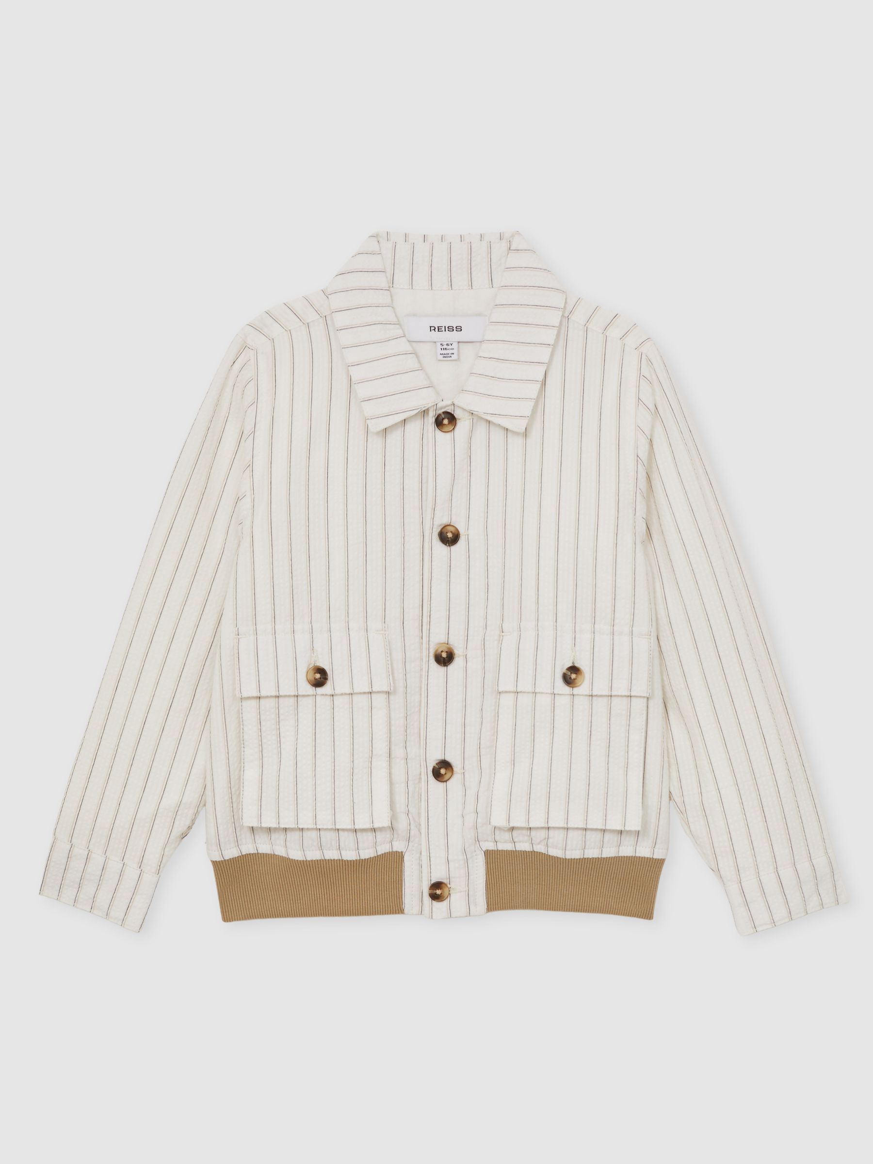 13-14 yrs Cotton Pinstripe Harrington Jacket in Off White/Taupe Brown